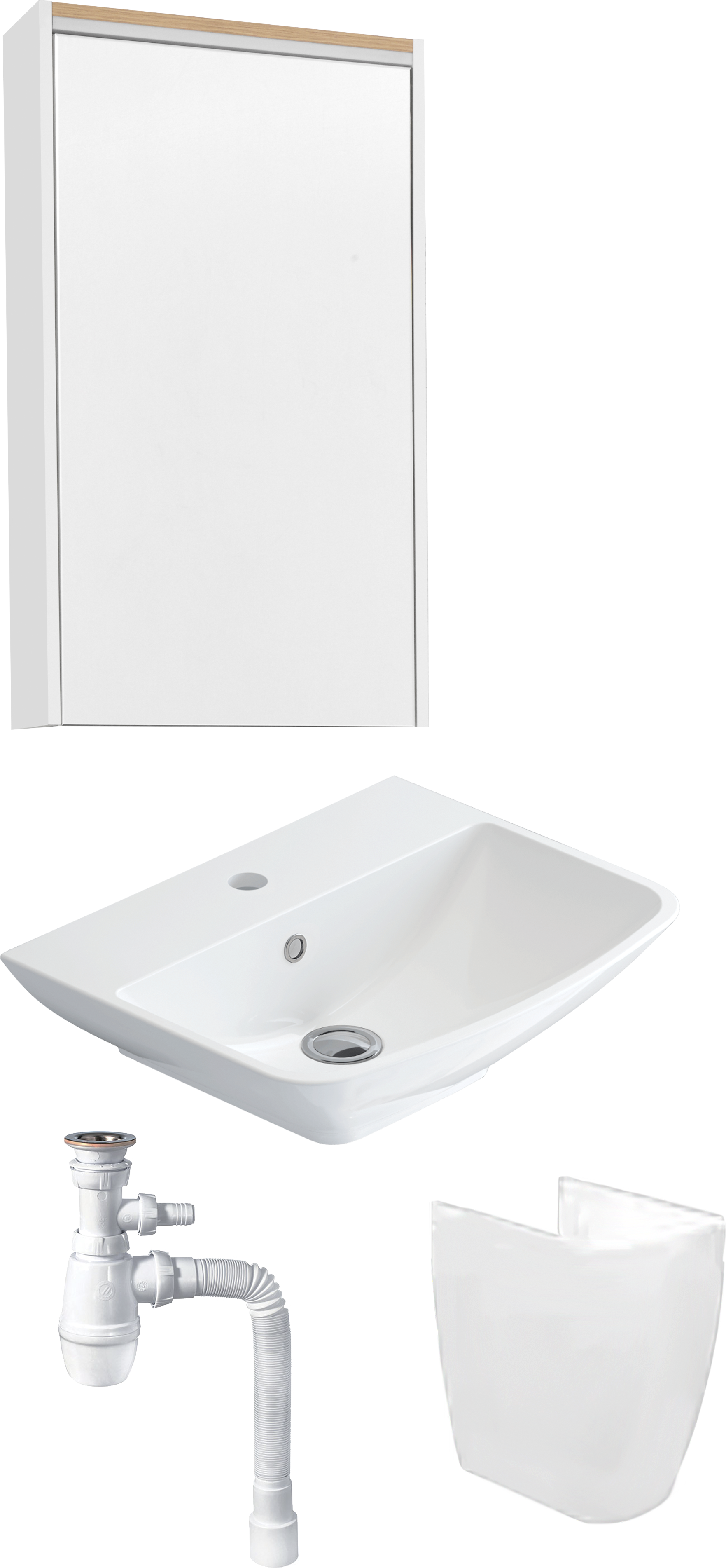 Комплект Раковина STWORKI Дублин 50 + Сифон Wirquin Минор с отводом для стиральной машины + Полупьедестал K3503-0000 + Зеркало 50 с подсветкой, навесное, белое, прямоугольное