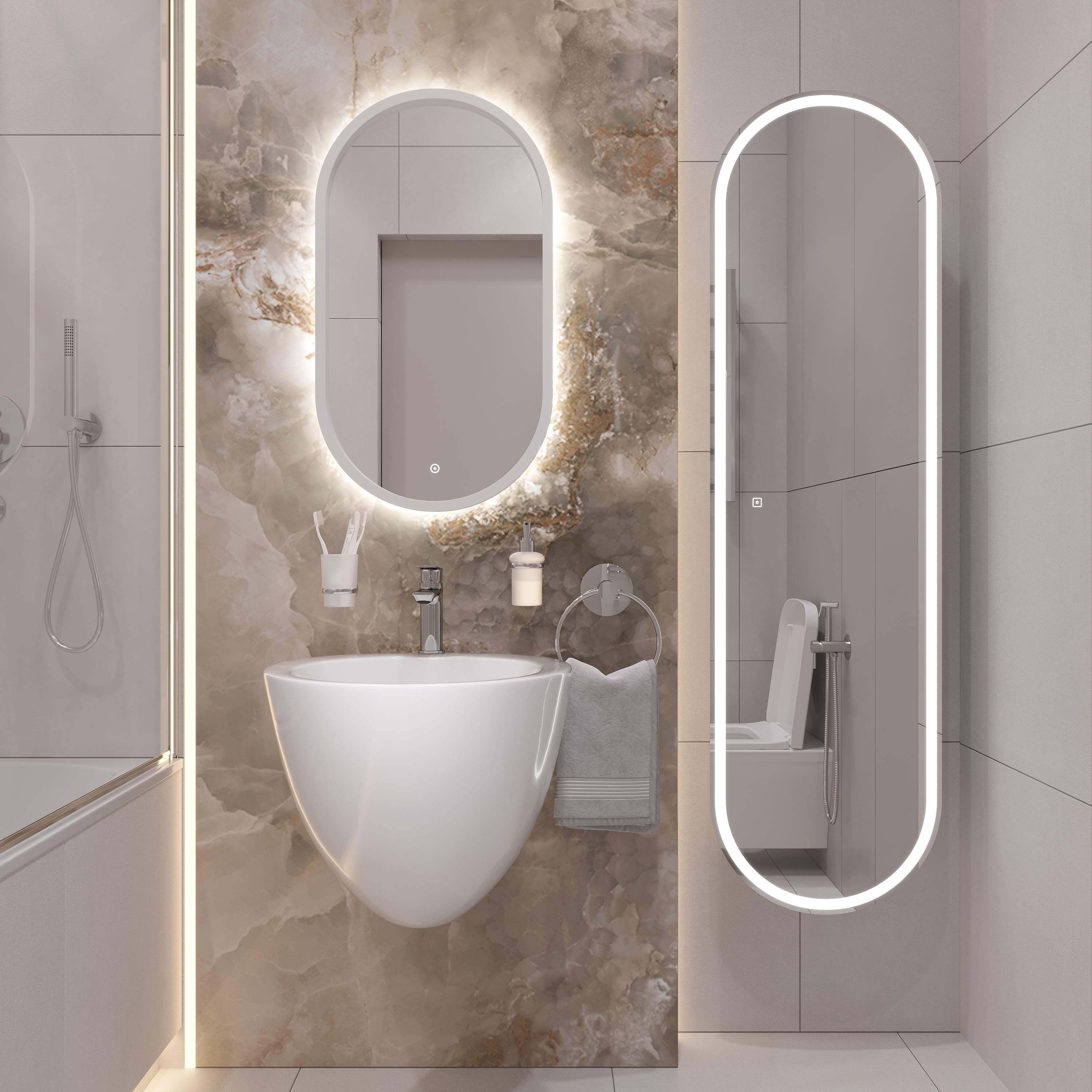 Комплект Раковина STWORKI Ноттвиль моноблок Ноттвиль 51 + Сифон Wirquin Минор с отводом для стиральной машины + Зеркало Мальмё МВК074 45 с подсветкой, белый, прямоугольный, навесной, овальный, в стиле лофт