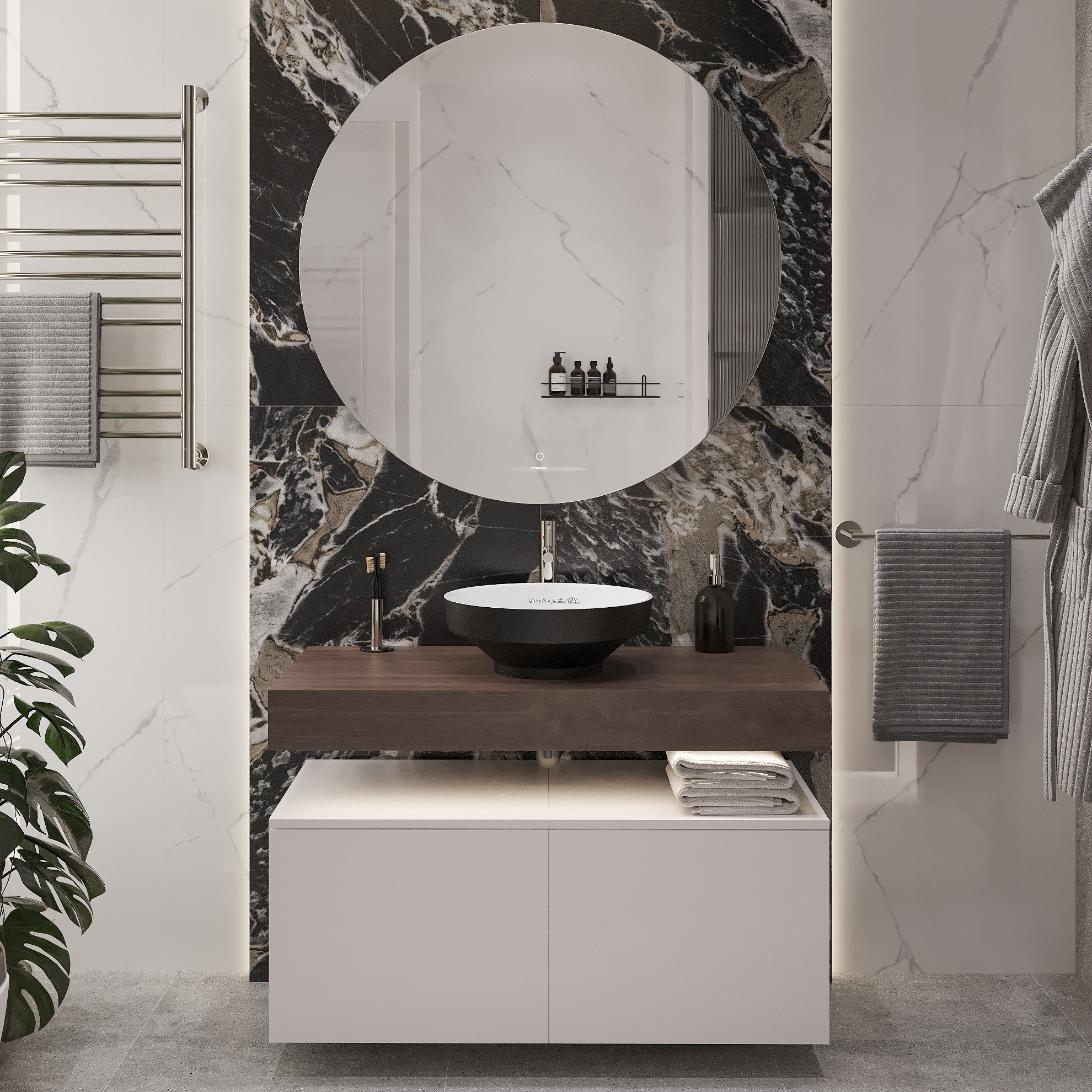 Мебель для ванной STWORKI Ольборг 100 столешница дуб карпентер, без отверстий, 2 тумбы 50, с раковиной Vitra Water jewels