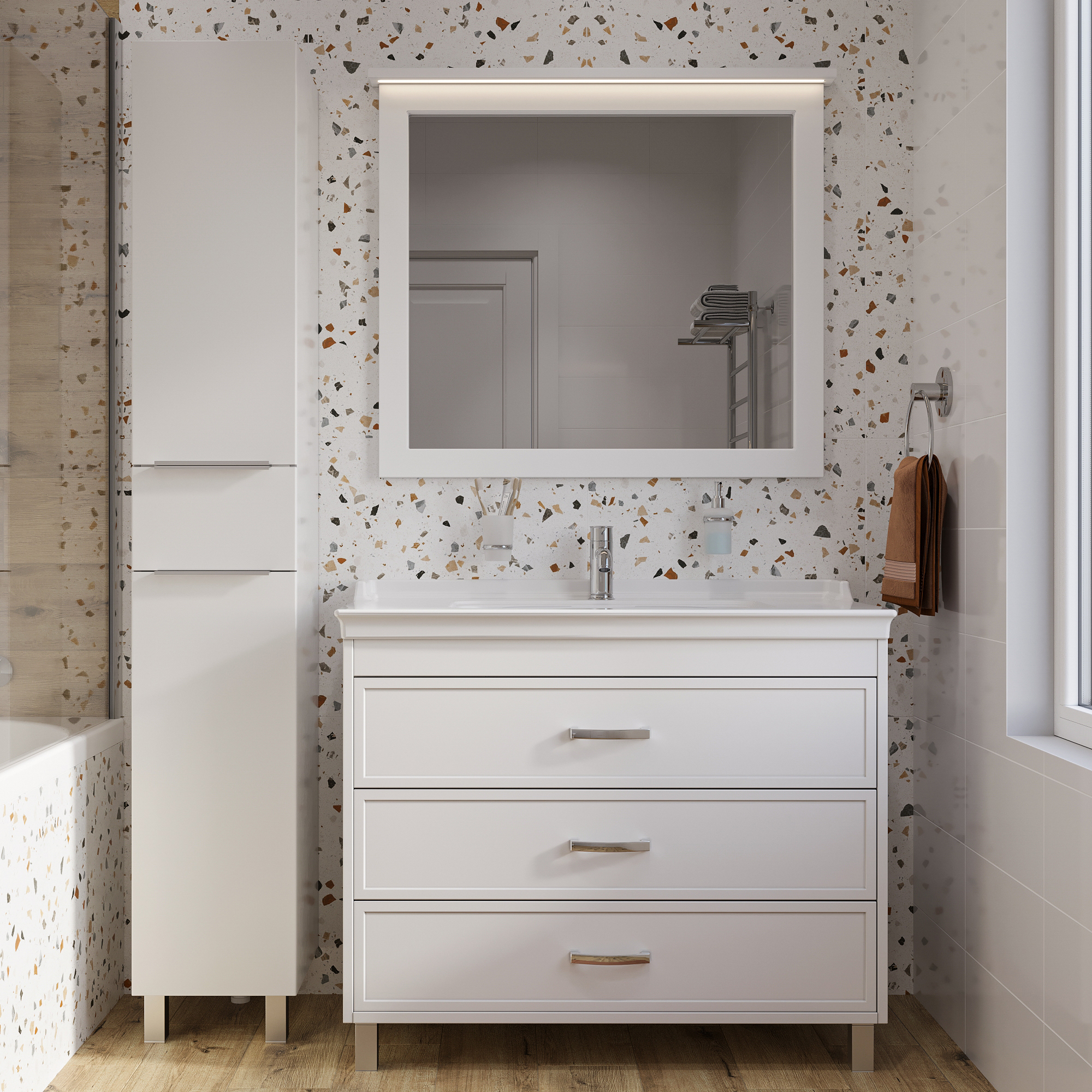 Мебель для ванной комнаты STWORKI Хальмстад 100 белая, под дерево (комплект, гарнитур)