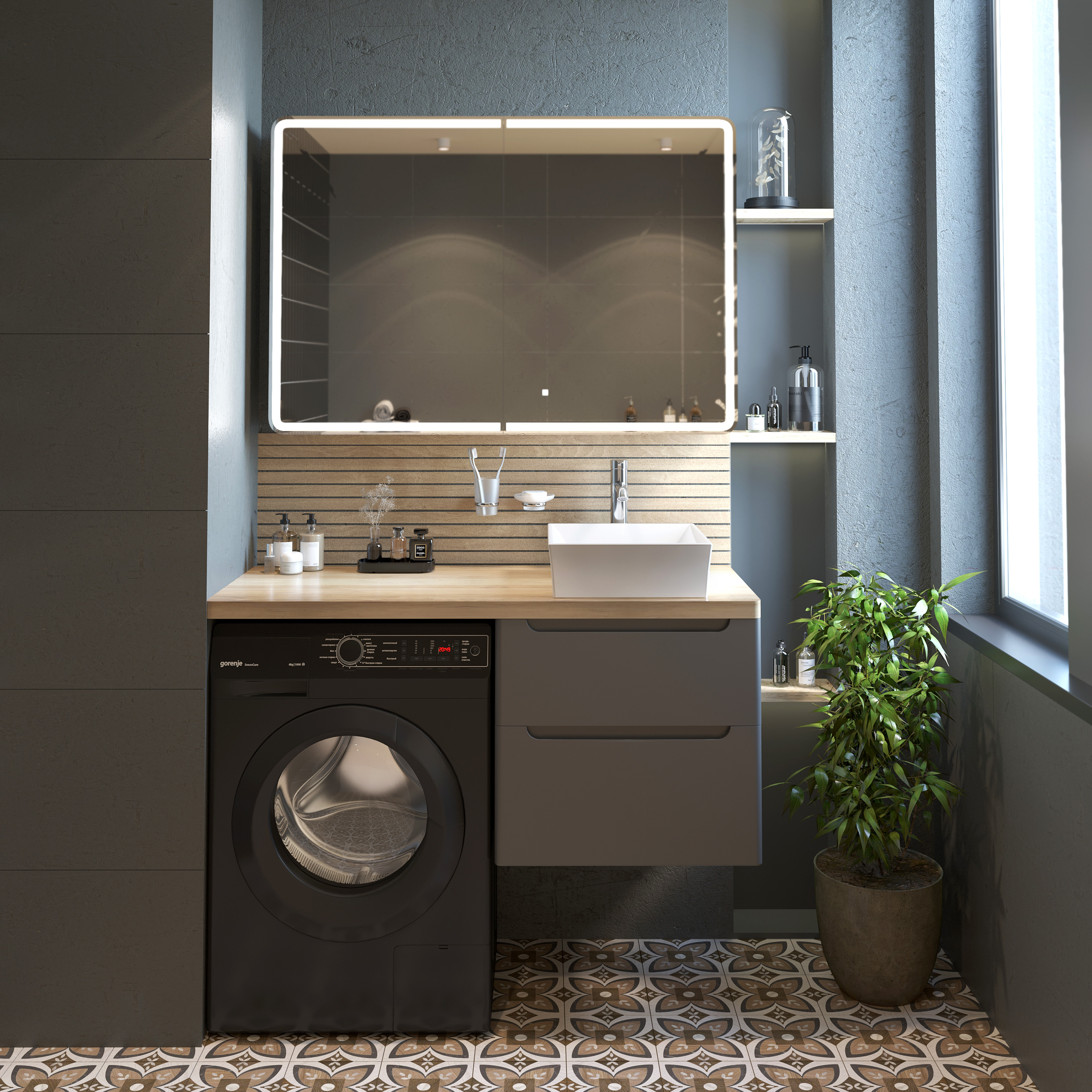 Мебель для ванной комнаты STWORKI Берген 60 серая со светлой столешницей 122, раковина Bocchi Vessel 1173-061-0125