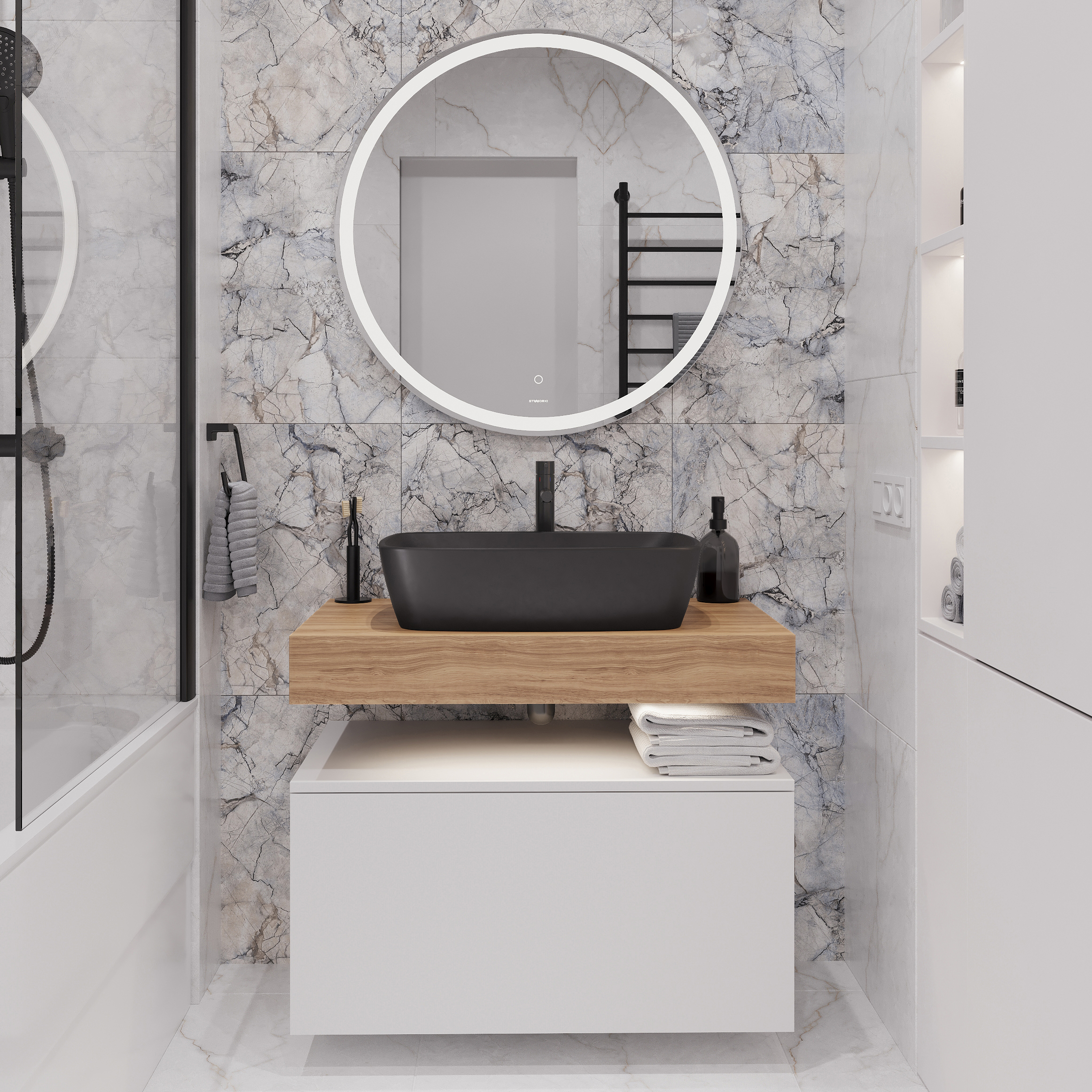 Мебель для ванной комнаты STWORKI Ольборг 80 столешница дуб французский, без отверстий, с тумбой 80, с раковиной Vitra Shift черной