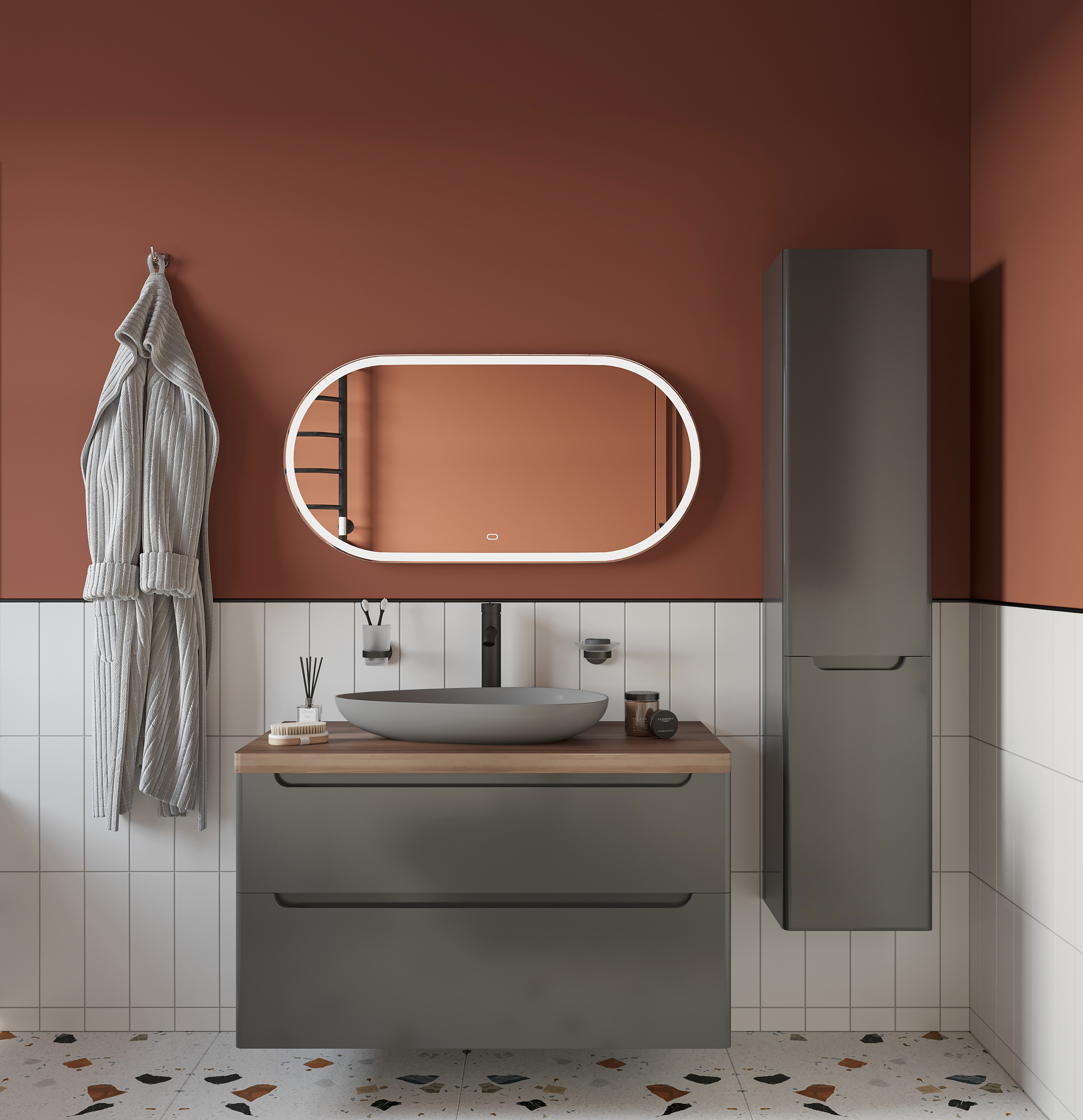 Мебель для ванной STWORKI Берген 100, серая с темной столешницей,  раковина Bocchi Etna Etna 1114-004-0125 серая