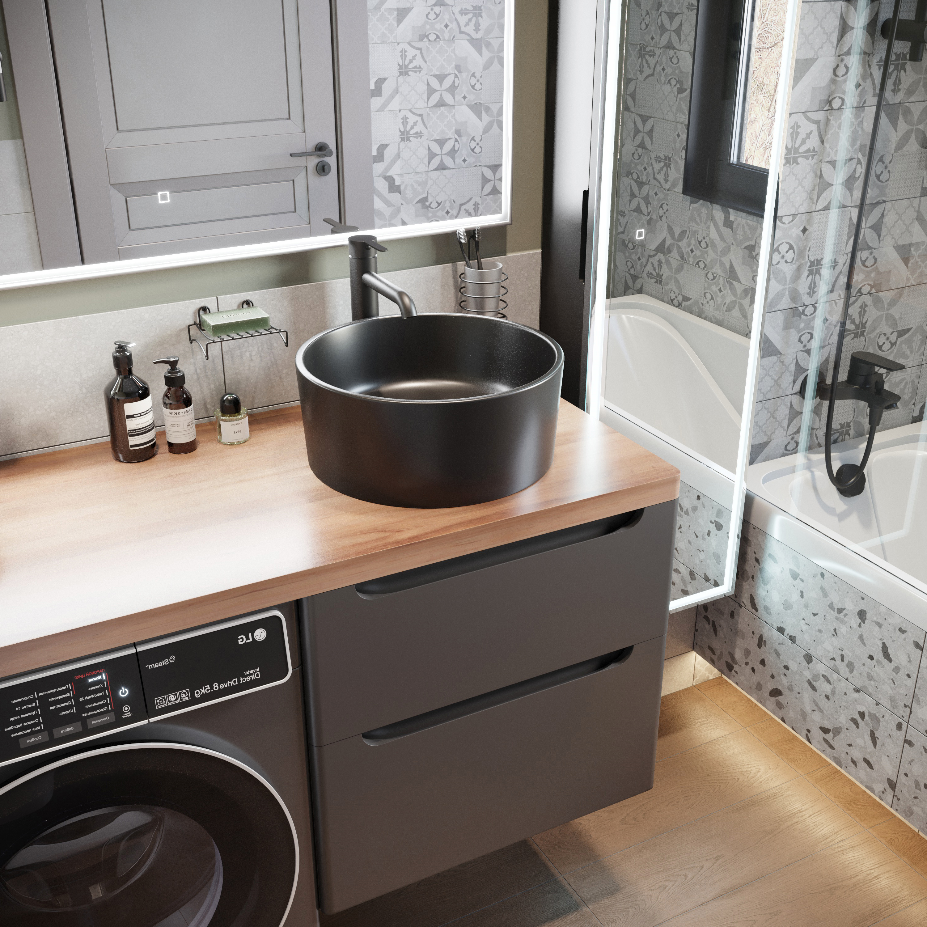 Мебель для ванной комнаты STWORKI Берген 60 серая с темной столешницей 122, с раковиной на выбор, L купить в Тамбове