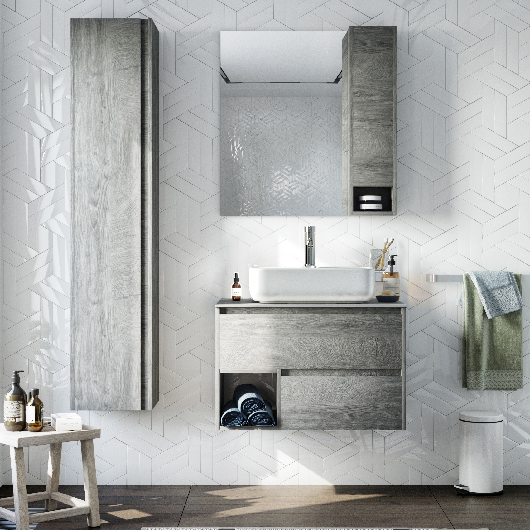 Мебель для ванной комнаты STWORKI Карлстад 75 дуб рошелье, монте тиберио, в стиле лофт, под дерево, серая, подвесная