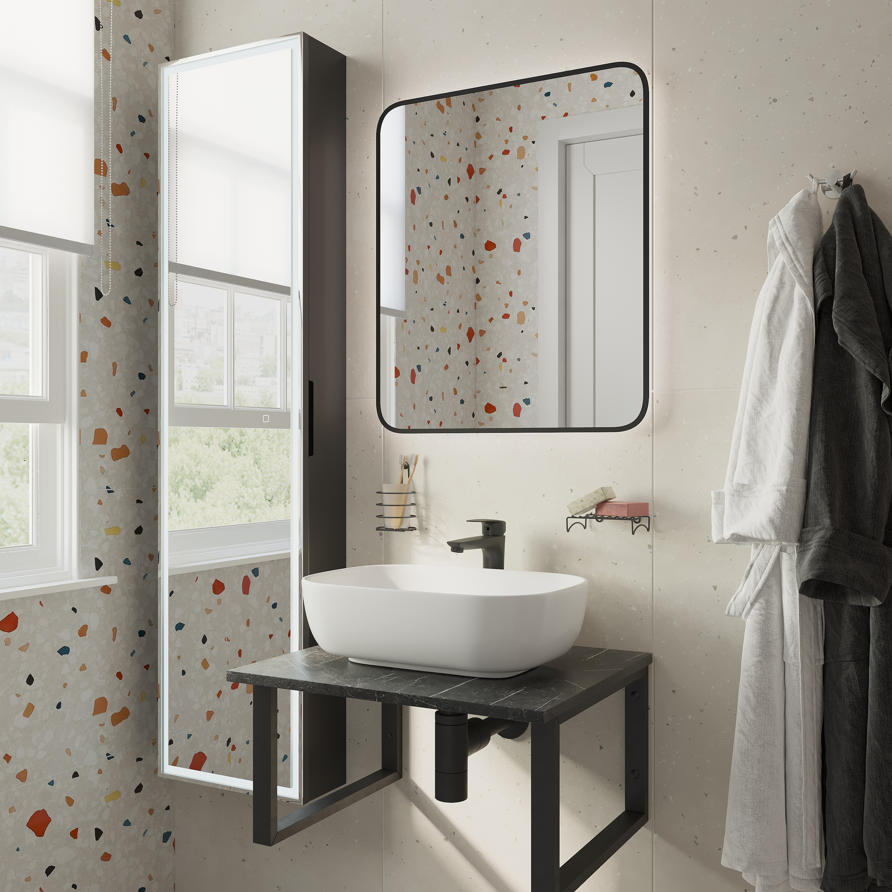 Мебель для ванной комнаты DIWO Элиста 60 чёрный мрамор, с раковиной Moduo 50 Square в стиле лофт, подвесная (гарнитур, комплект) купить в Тамбове