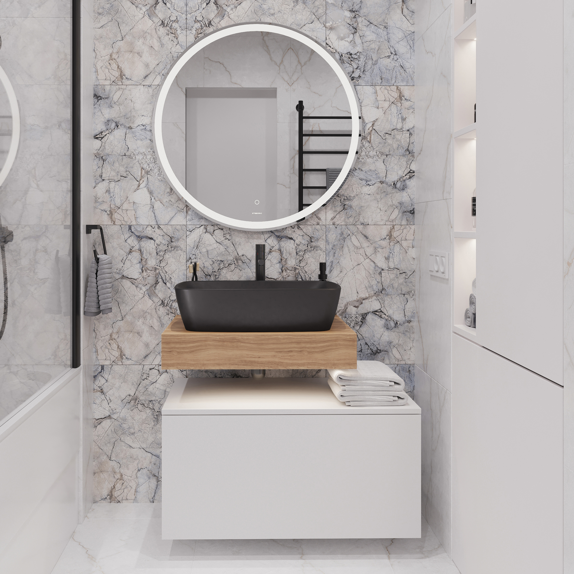 Мебель для ванной комнаты STWORKI Ольборг 60 столешница дуб французский, без отверстий, с тумбой 80, с раковиной Vitra Shift черной