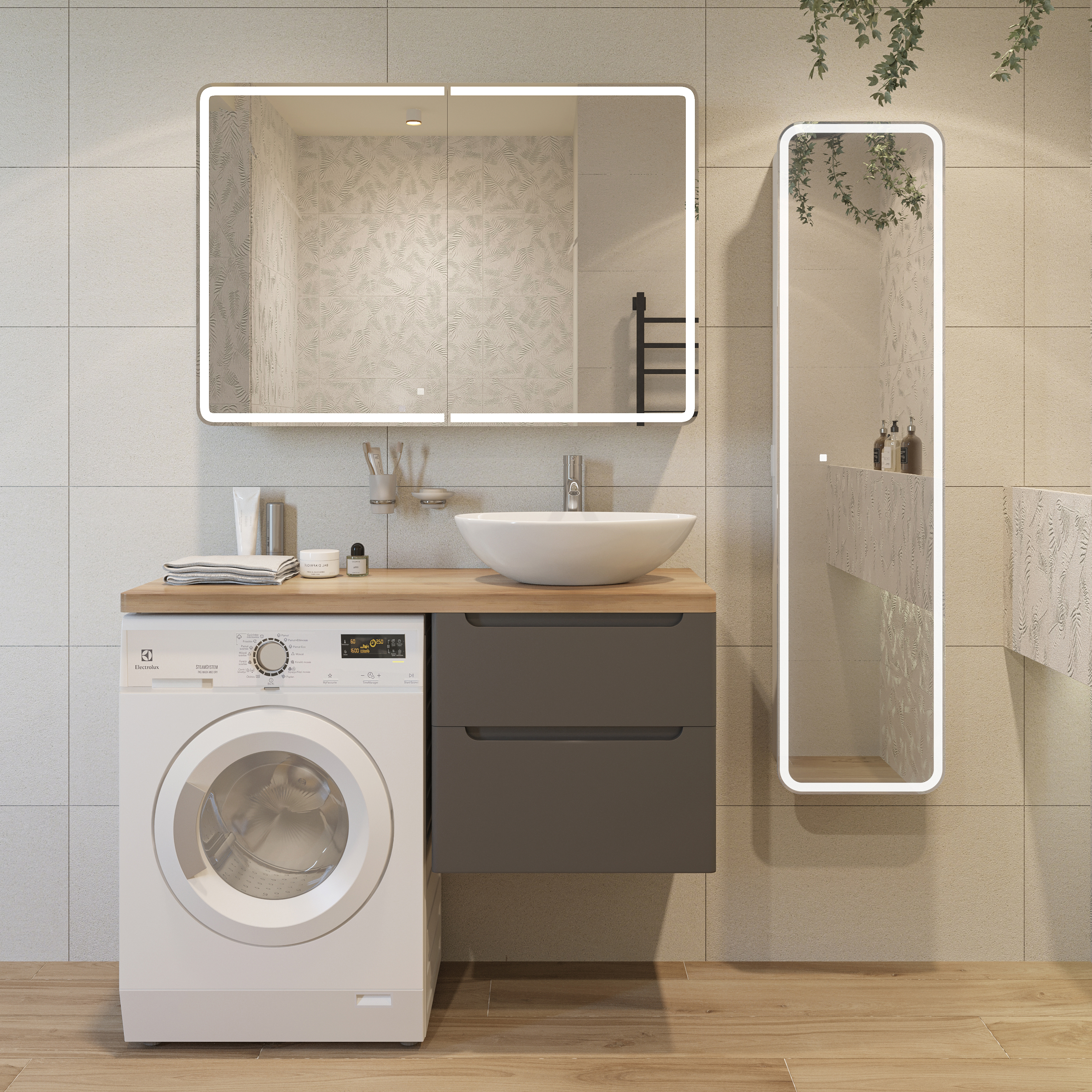 Мебель для ванной комнаты STWORKI Берген 60 серая со светлой столешницей 122, раковина Moduo 55 Leaf, L