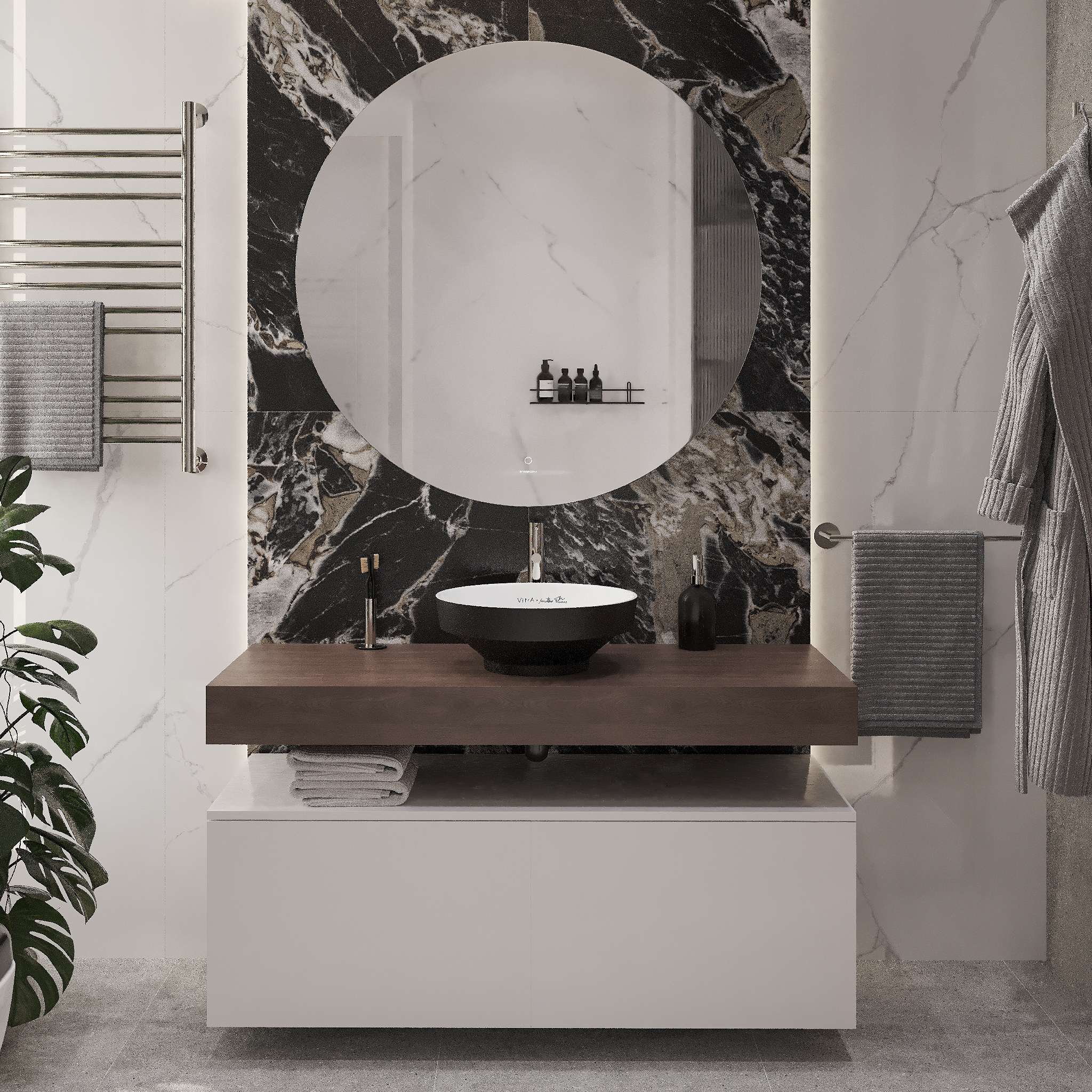 Мебель для ванной STWORKI Ольборг 120 столешница дуб карпентер, без отверстий, 2 тумбы 60, с раковиной Vitra Water jewels