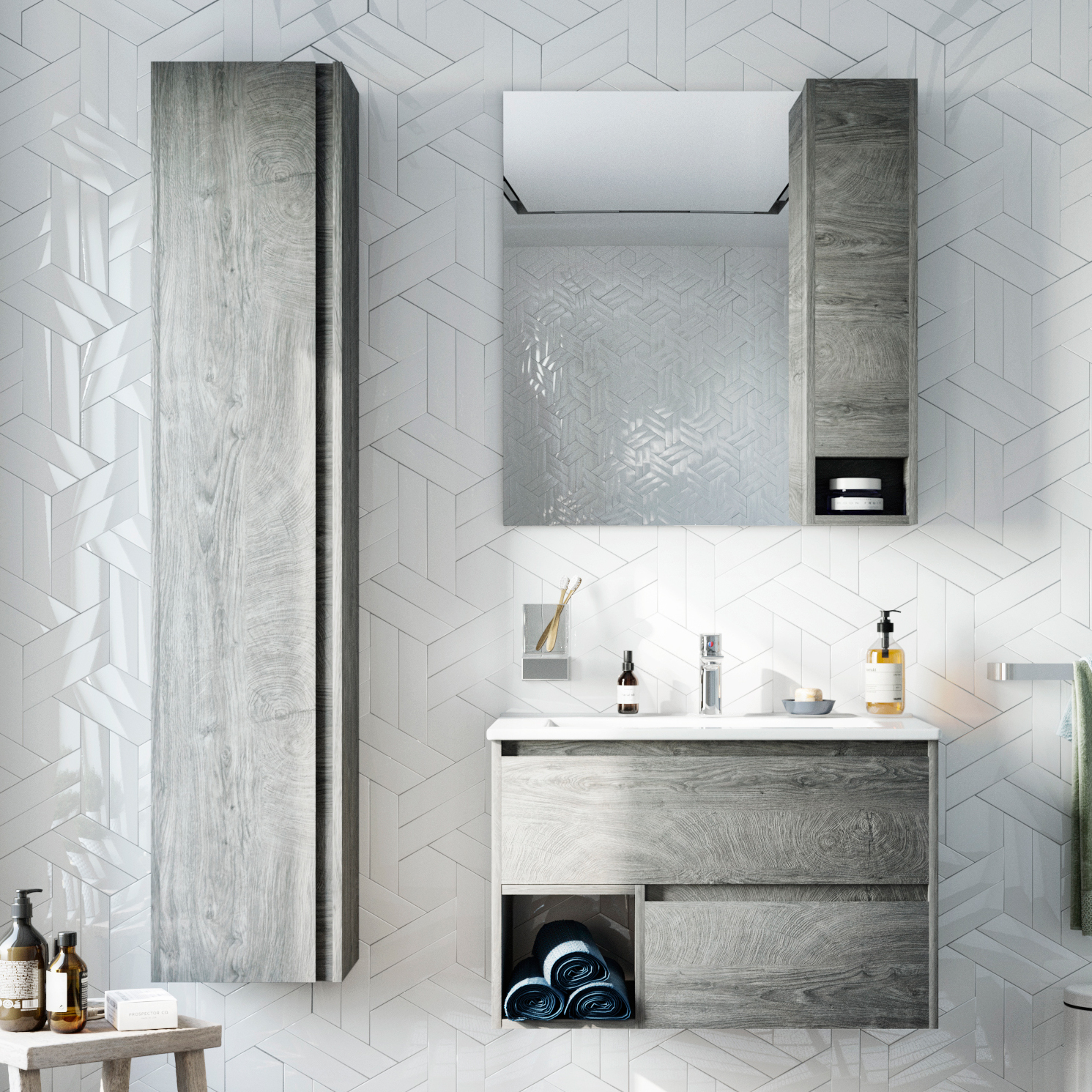 Мебель для ванной комнаты STWORKI Карлстад 75 дуб рошелье, в стиле лофт, под дерево, серая