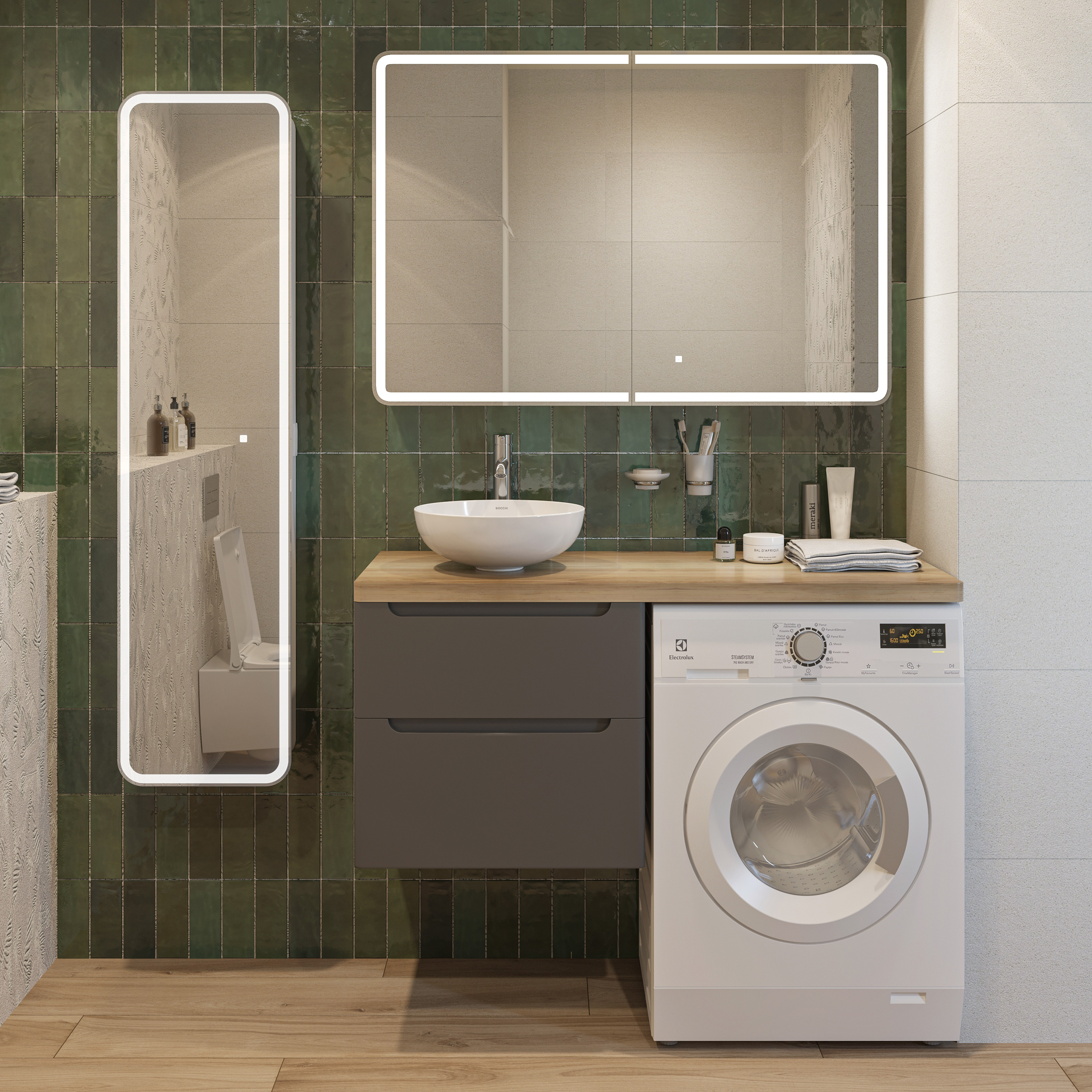 Мебель для ванной комнаты STWORKI Берген 122 серая, со светлой столешницей, раковина BOCCHI Round