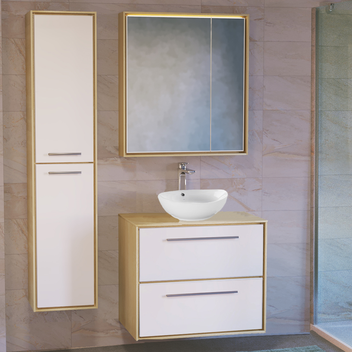 Мебель для ванной Raval Frame 75 со столешницей, белая, дуб сонома, подвесная