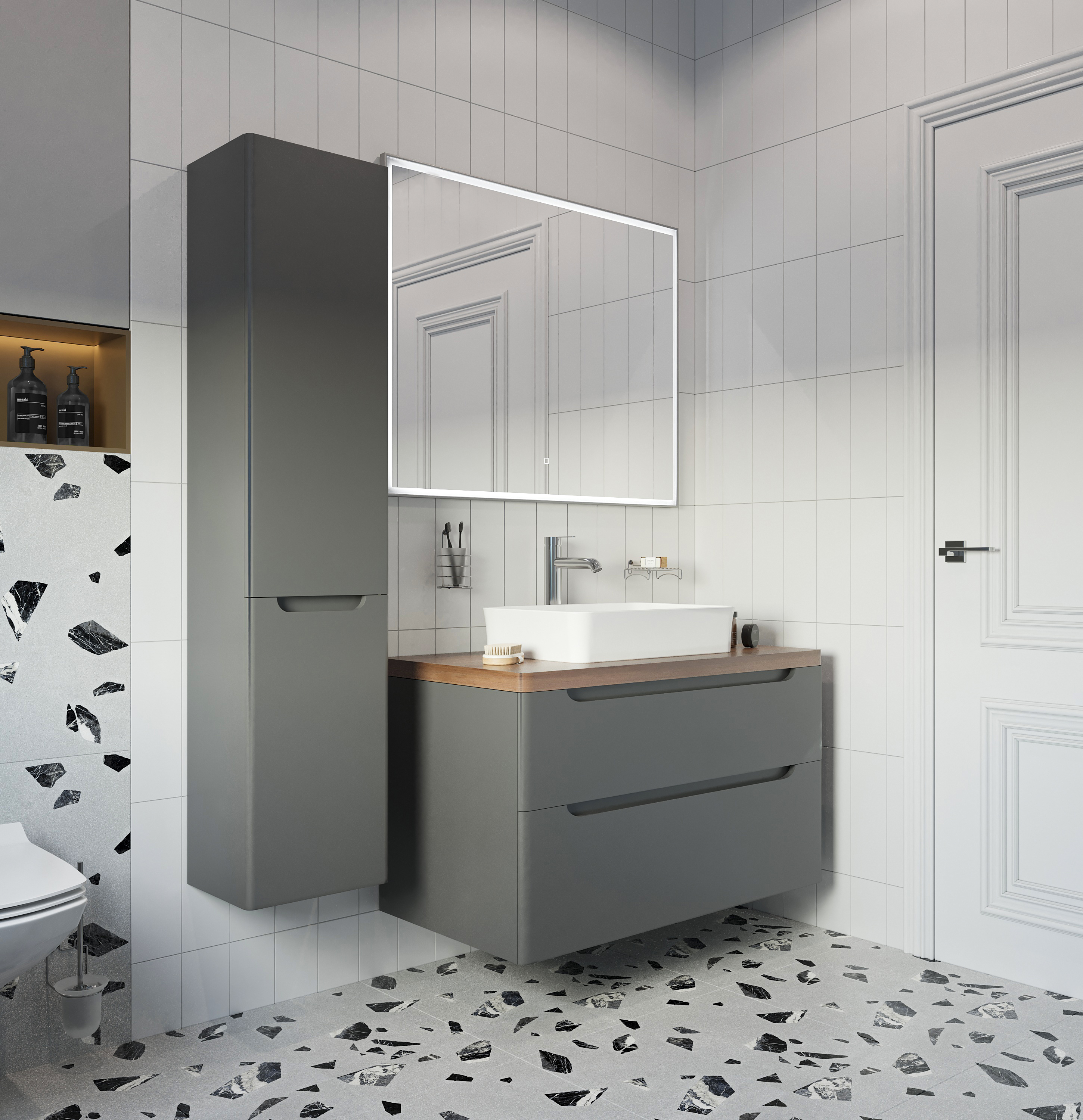 Мебель для ванной комнаты STWORKI Берген 100 серая с темной столешницей, раковина Bocchi Sottile 1476-001-0125 купить в Тамбове