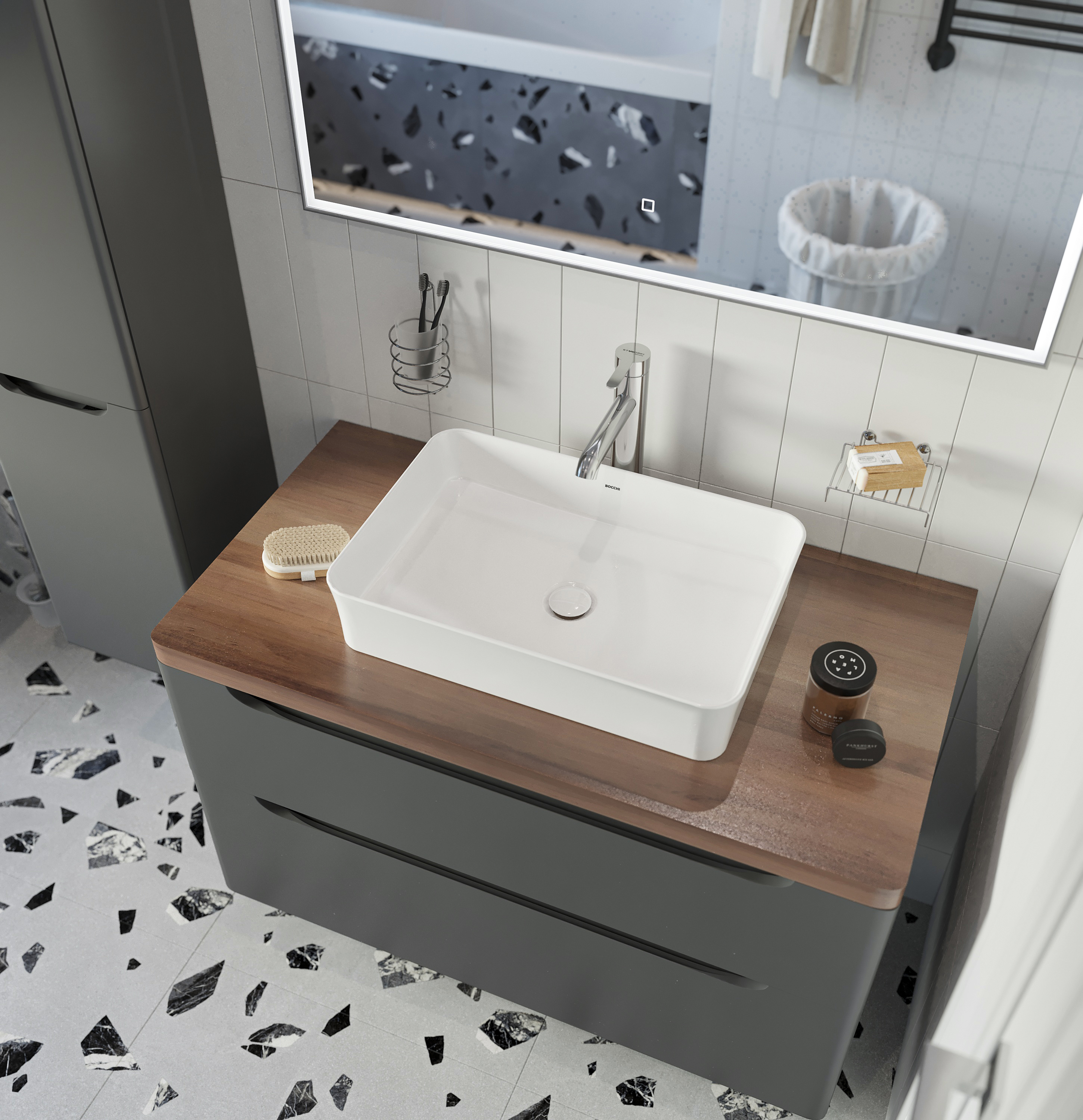 Мебель для ванной комнаты STWORKI Берген 100 серая с темной столешницей, раковина Bocchi Sottile 1476-001-0125 купить в Тамбове