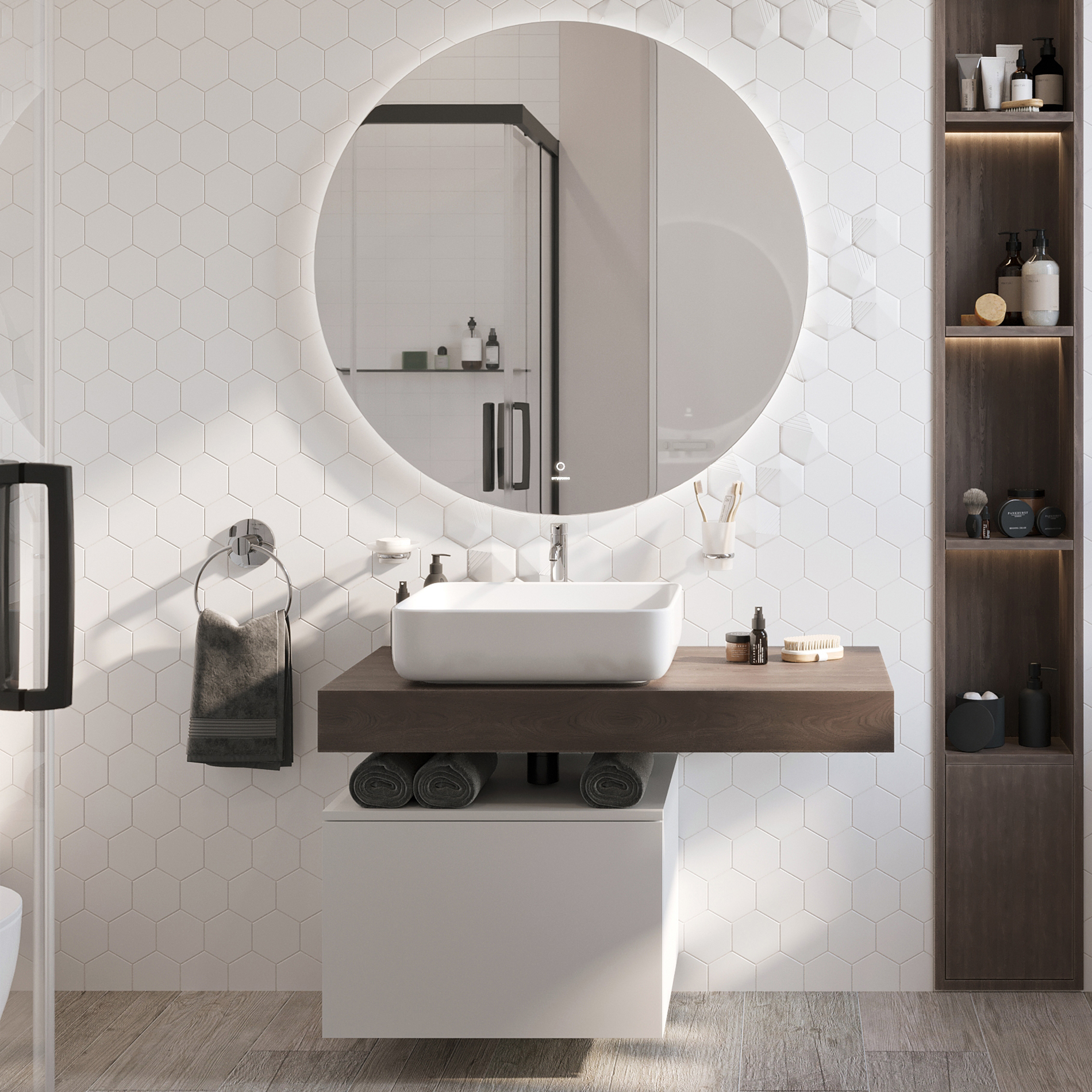 Мебель для ванной комнаты STWORKI Ольборг 100 столешница дуб карпентер, без отверстий, с тумбой 60