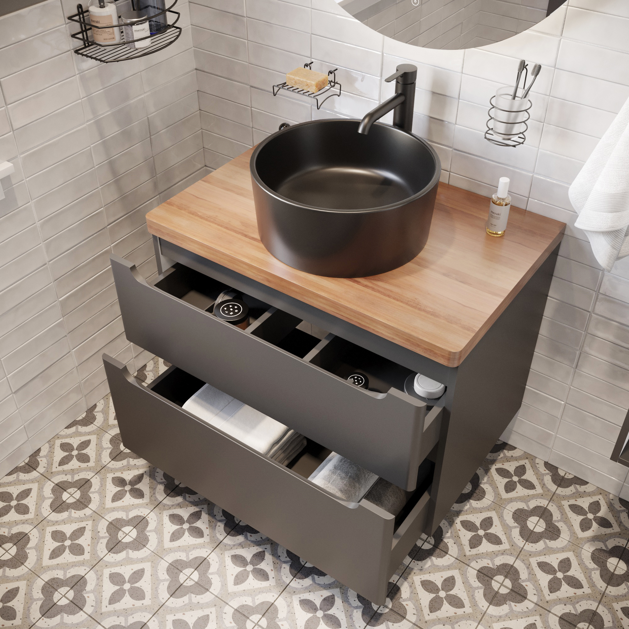 Мебель для ванной комнаты STWORKI Берген 80 серая с темной столешницей, с раковиной на выбор купить в Тамбове