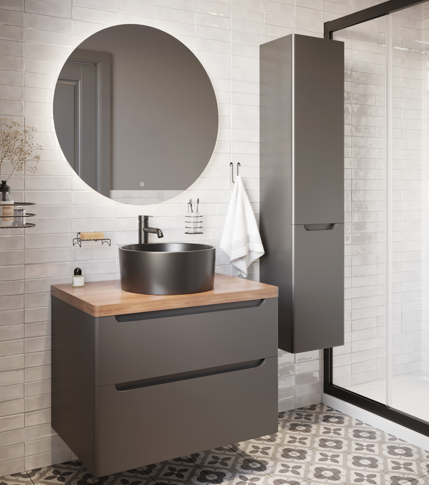 Мебель для ванной комнаты STWORKI Берген 80 серая с темной столешницей, с раковиной на выбор купить в Тамбове