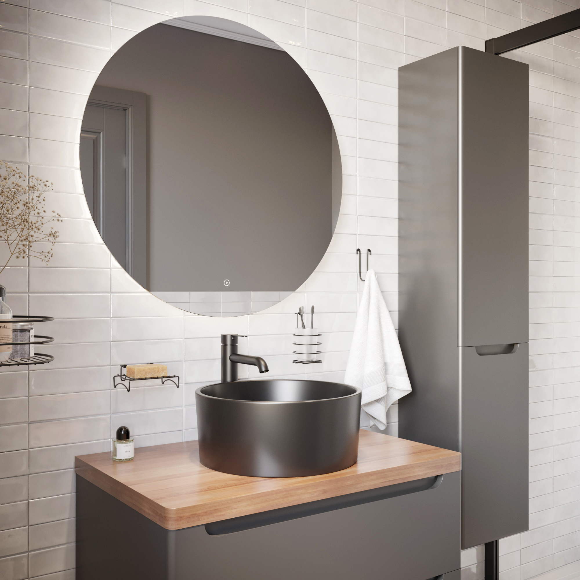 Мебель для ванной комнаты STWORKI Берген 80 серая с темной столешницей, с раковиной на выбор купить в Тамбове