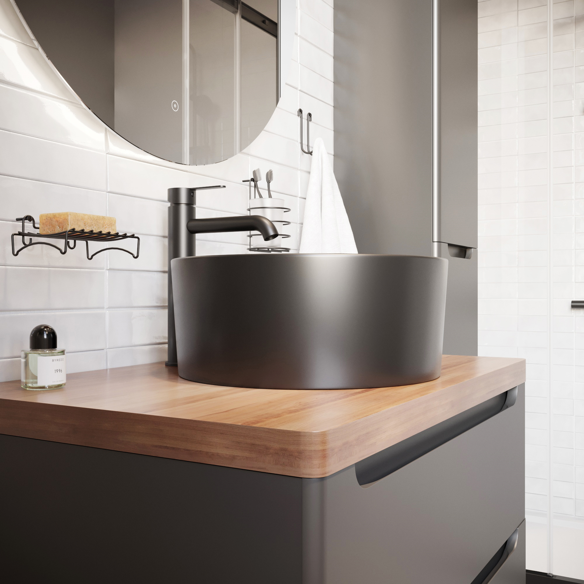 Мебель для ванной комнаты STWORKI Берген 80 серая с темной столешницей, с раковиной на выбор купить в Тамбове