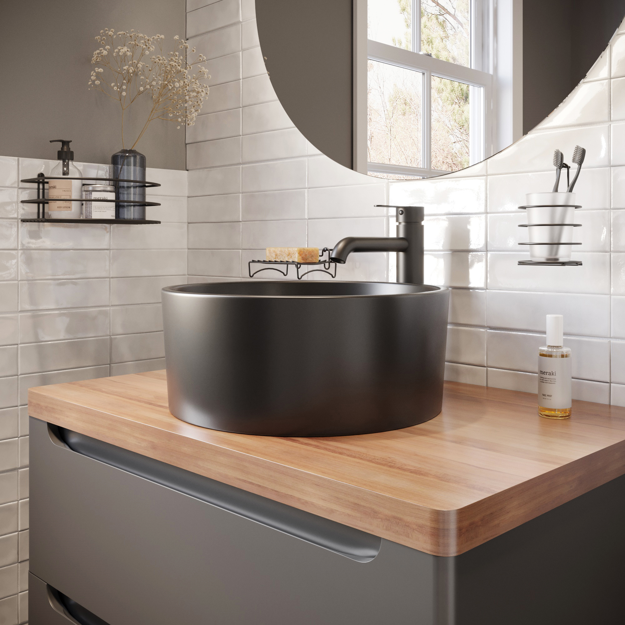 Мебель для ванной комнаты STWORKI Берген 80 серая с темной столешницей, с раковиной на выбор купить в Тамбове