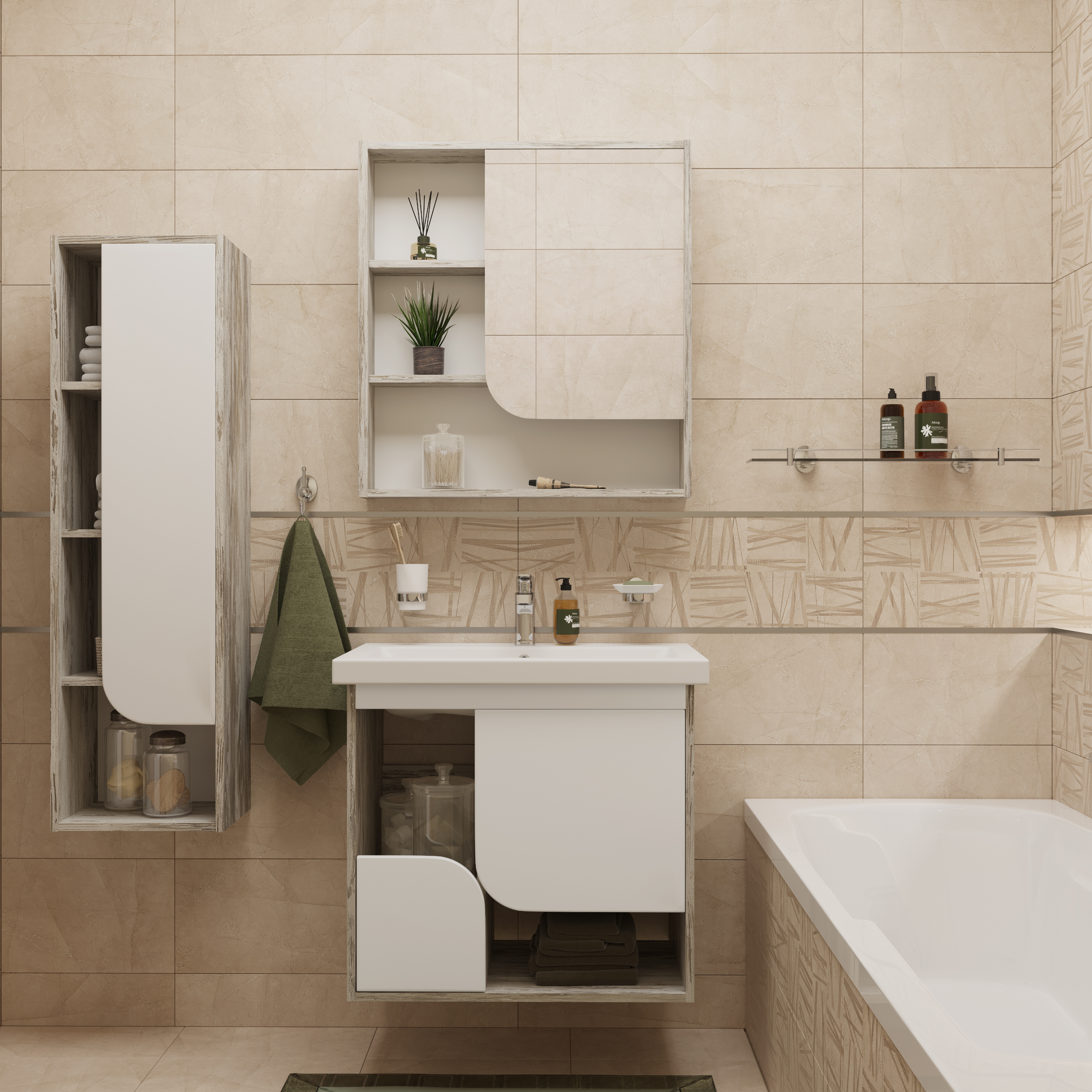 Мебель для ванной DIWO Самара 70 дуб скандинавский, белая, подвесная (комплект, гарнитур)