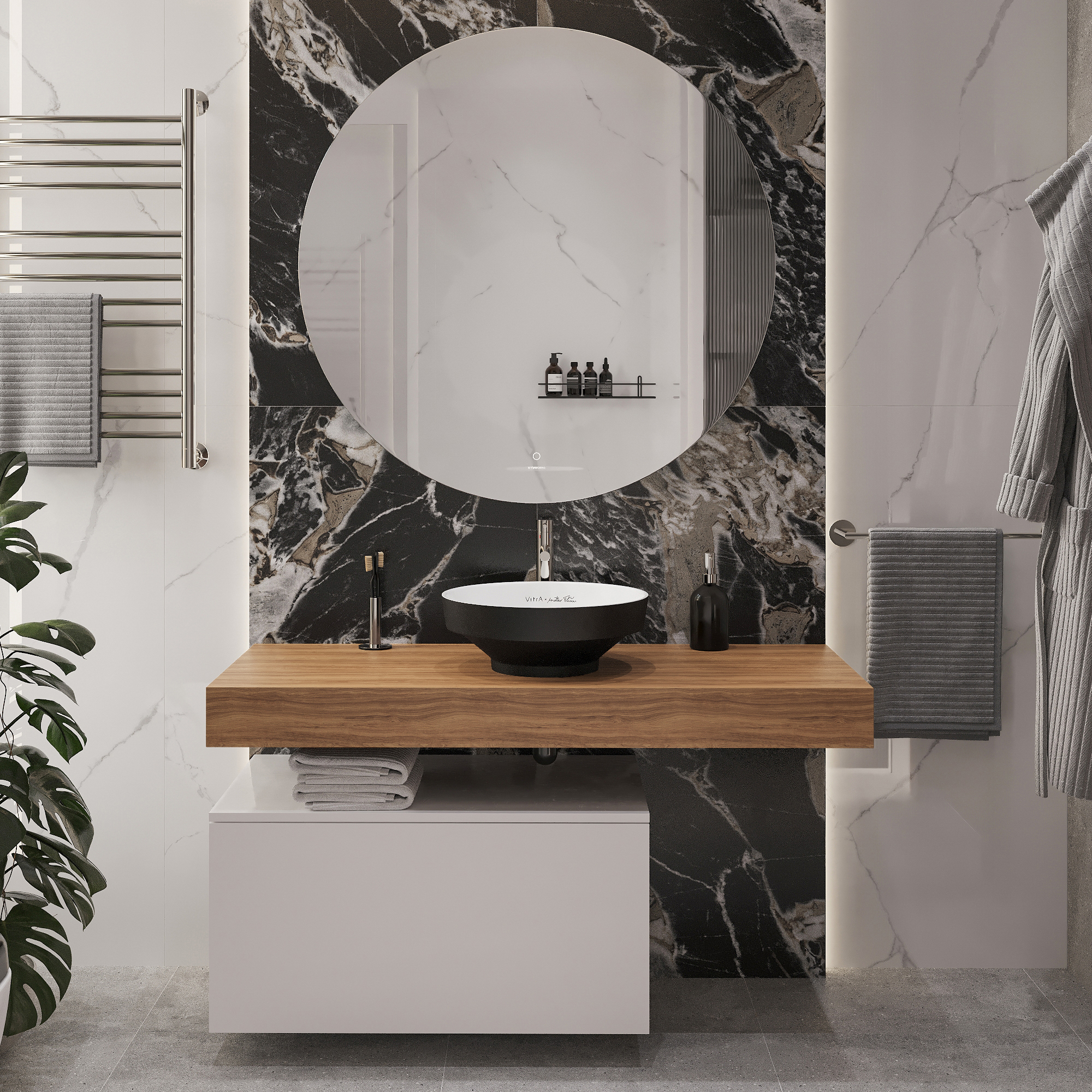 Мебель для ванной STWORKI Ольборг 120 столешница дуб французский, без отверстий, c тумбой 80, с раковиной Vitra Water jewels