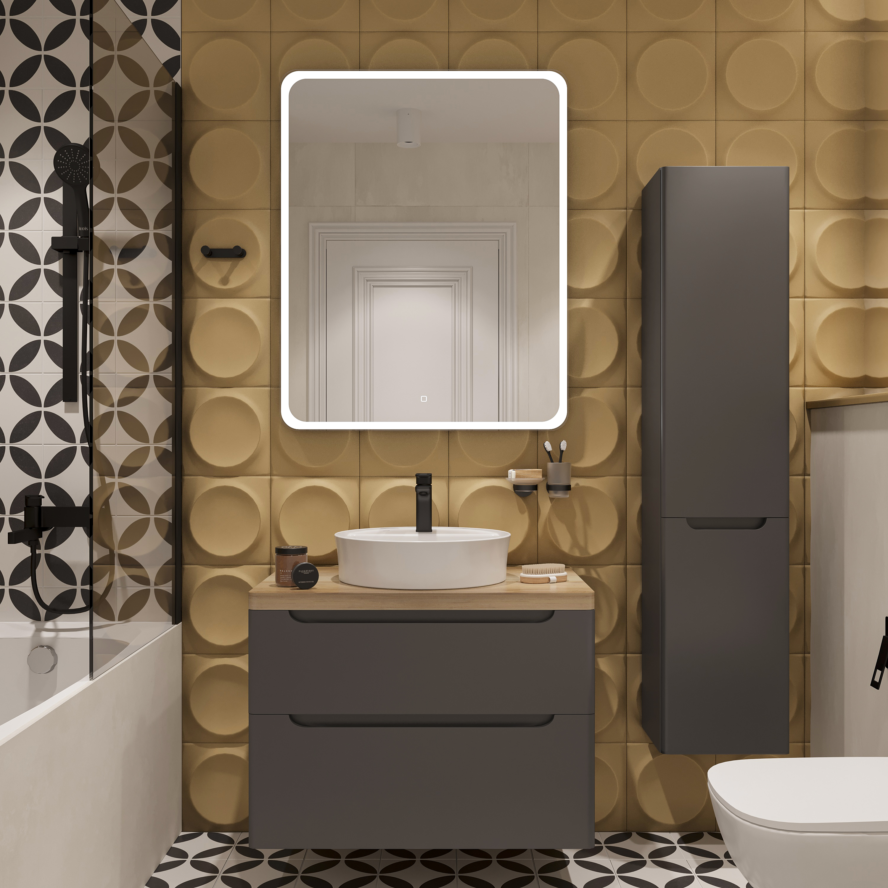 Мебель для ванной STWORKI Берген 80 серая со светлой столешницей, раковина Bocchi Slim Line 1599-061-0126 глянцевая