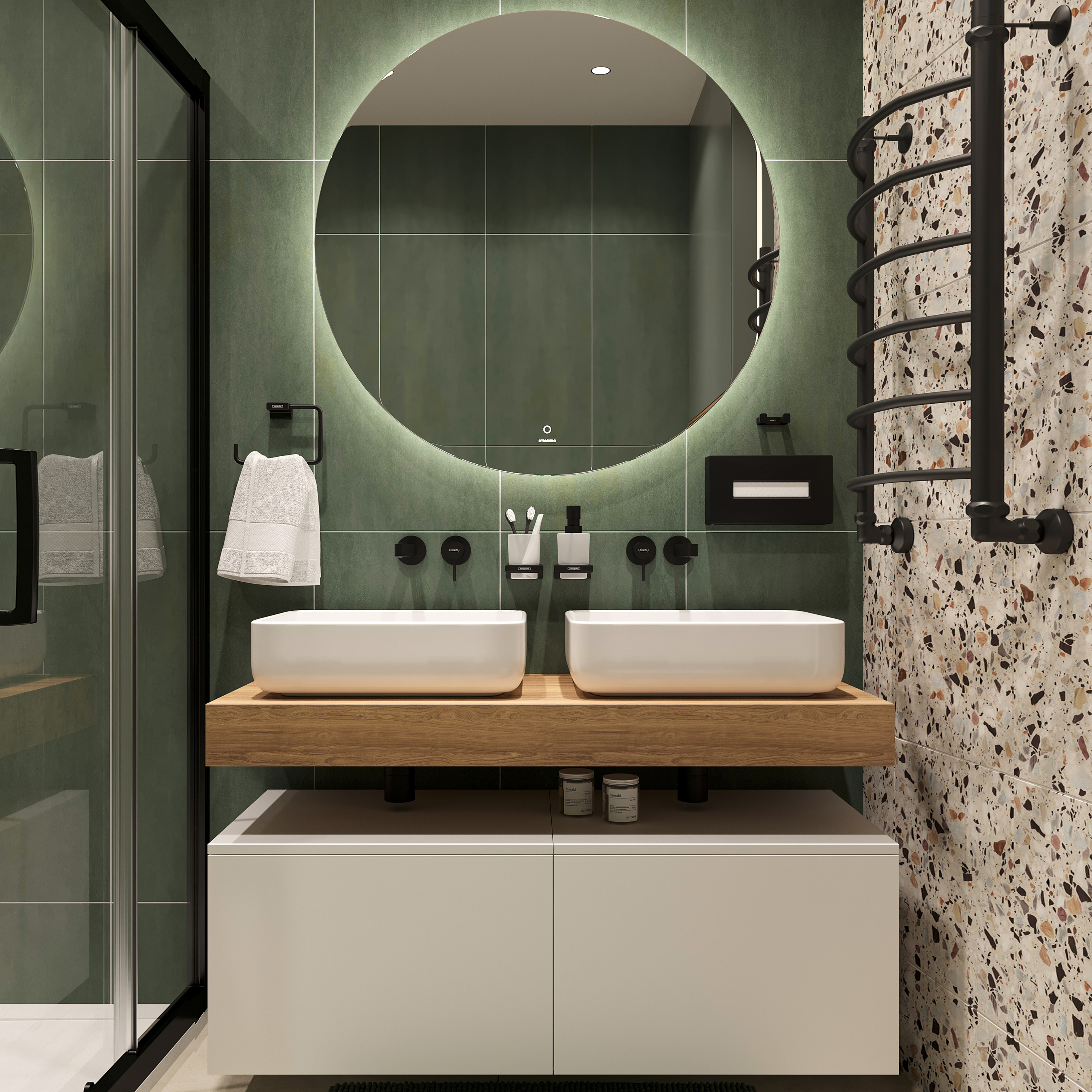 Мебель для ванной комнаты STWORKI Ольборг 120 столешница дуб французский, без отверстий, 2 тумбы 60 + 2 раковины