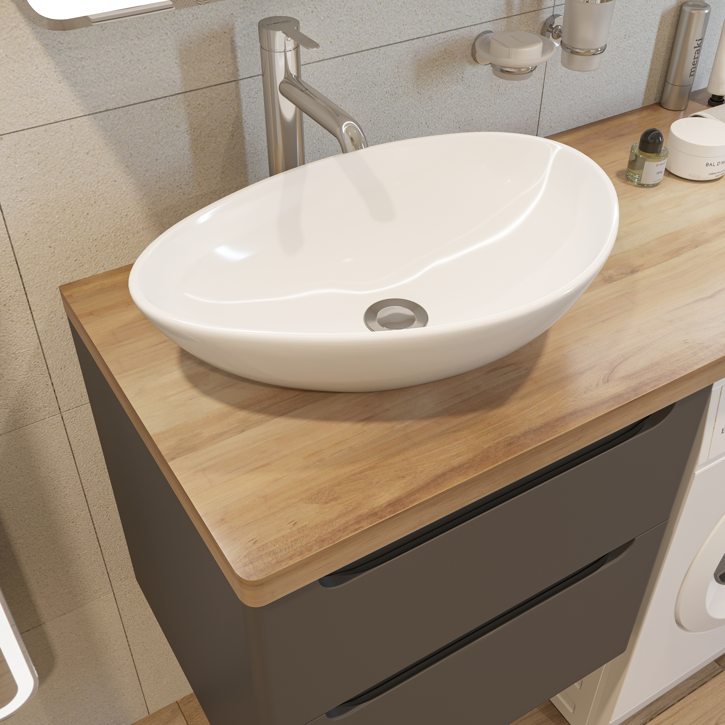 Мебель для ванной комнаты STWORKI Берген 60 серая со светлой столешницей 122, раковина Moduo 55 Leaf, R купить в Тамбове