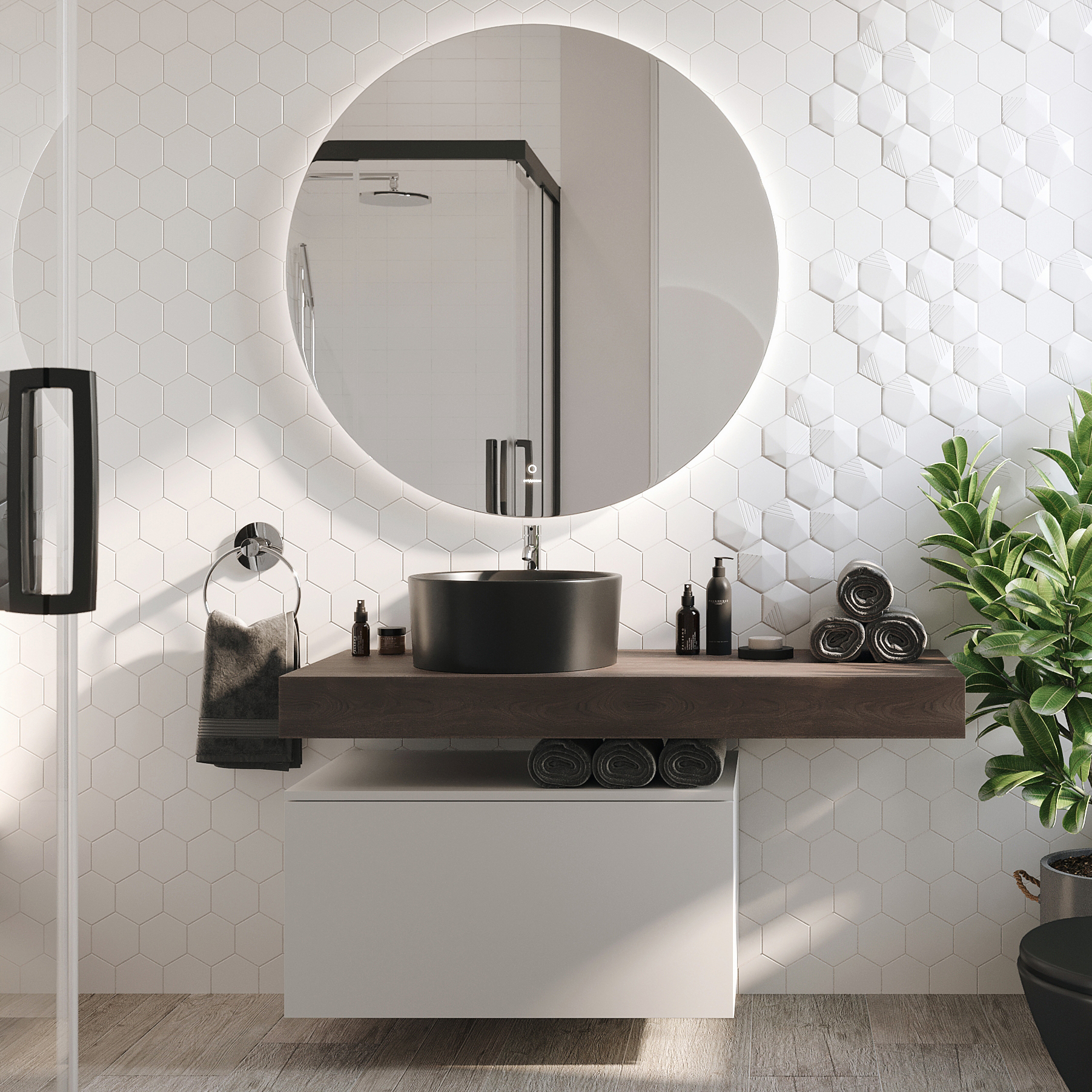 Мебель для ванной комнаты STWORKI Ольборг 120 столешница дуб карпентер, без отверстий, с тумбой 80, черной раковиной