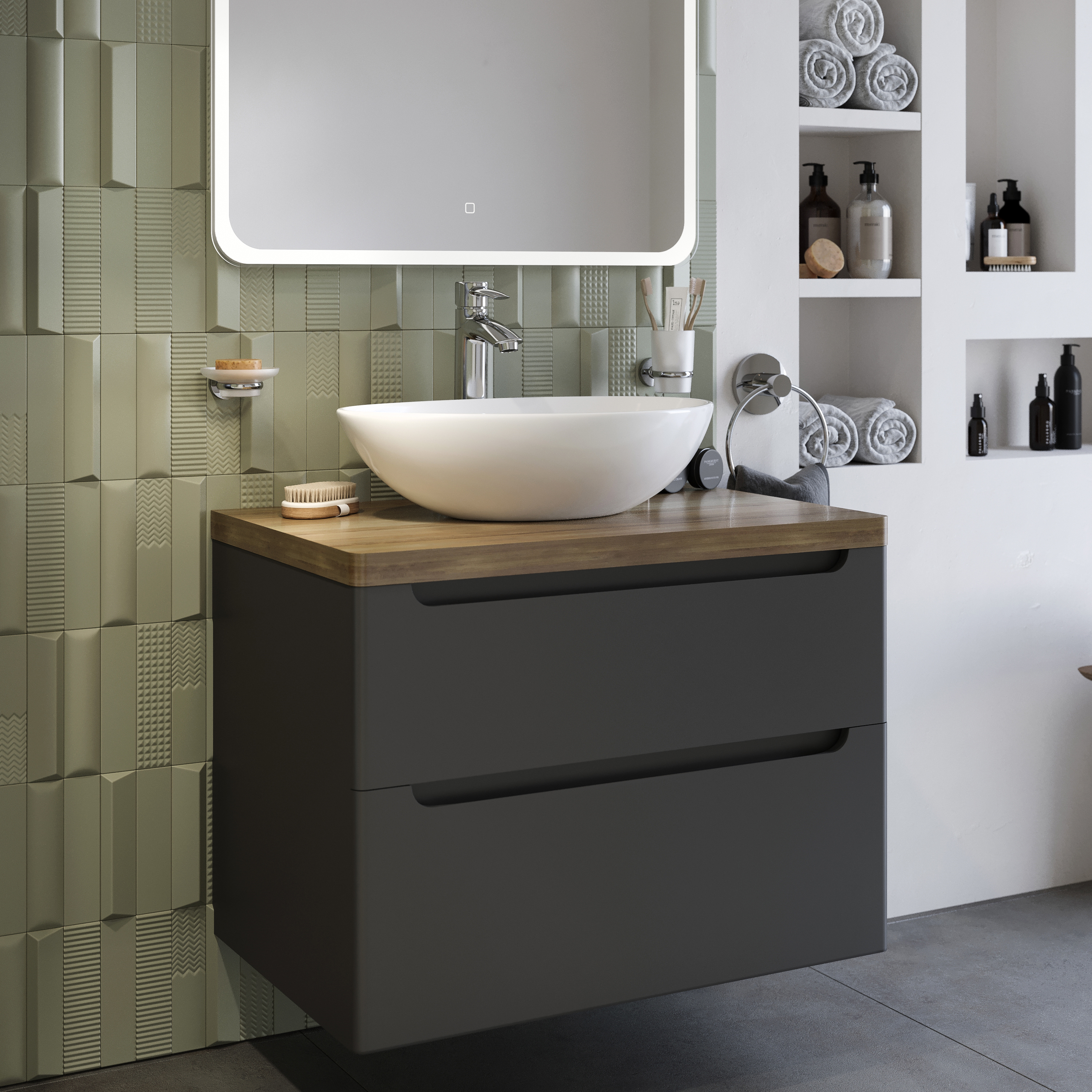 Мебель для ванной комнаты STWORKI Берген 80 серая со светлой столешницей, раковина Moduo 55 Leaf купить в Тамбове
