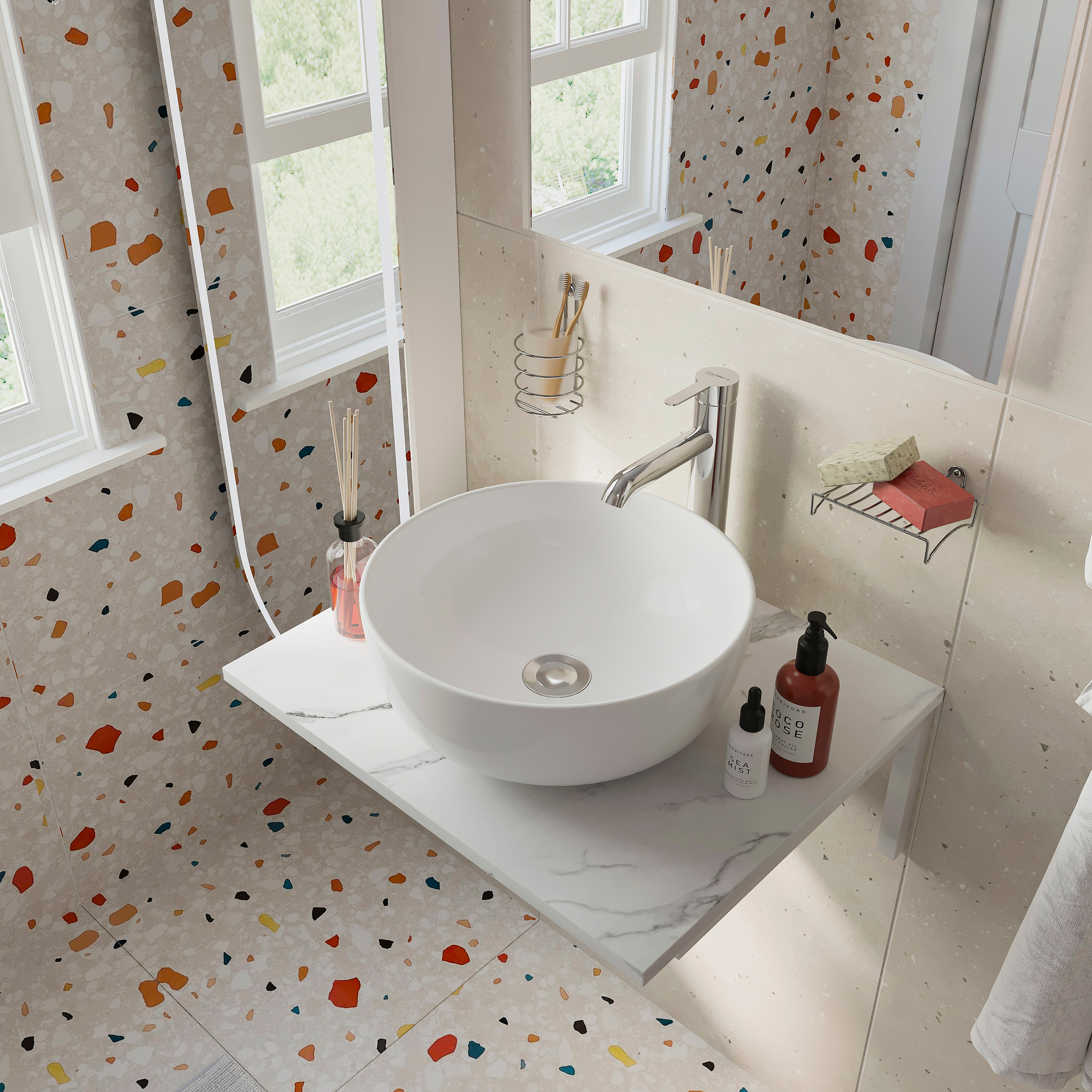 Мебель для ванной комнаты DIWO Элиста 60 белый мрамор, с раковиной Moduo 40 RING, в скандинавском стиле, овальная (гарнитур, мебель) купить в Тамбове