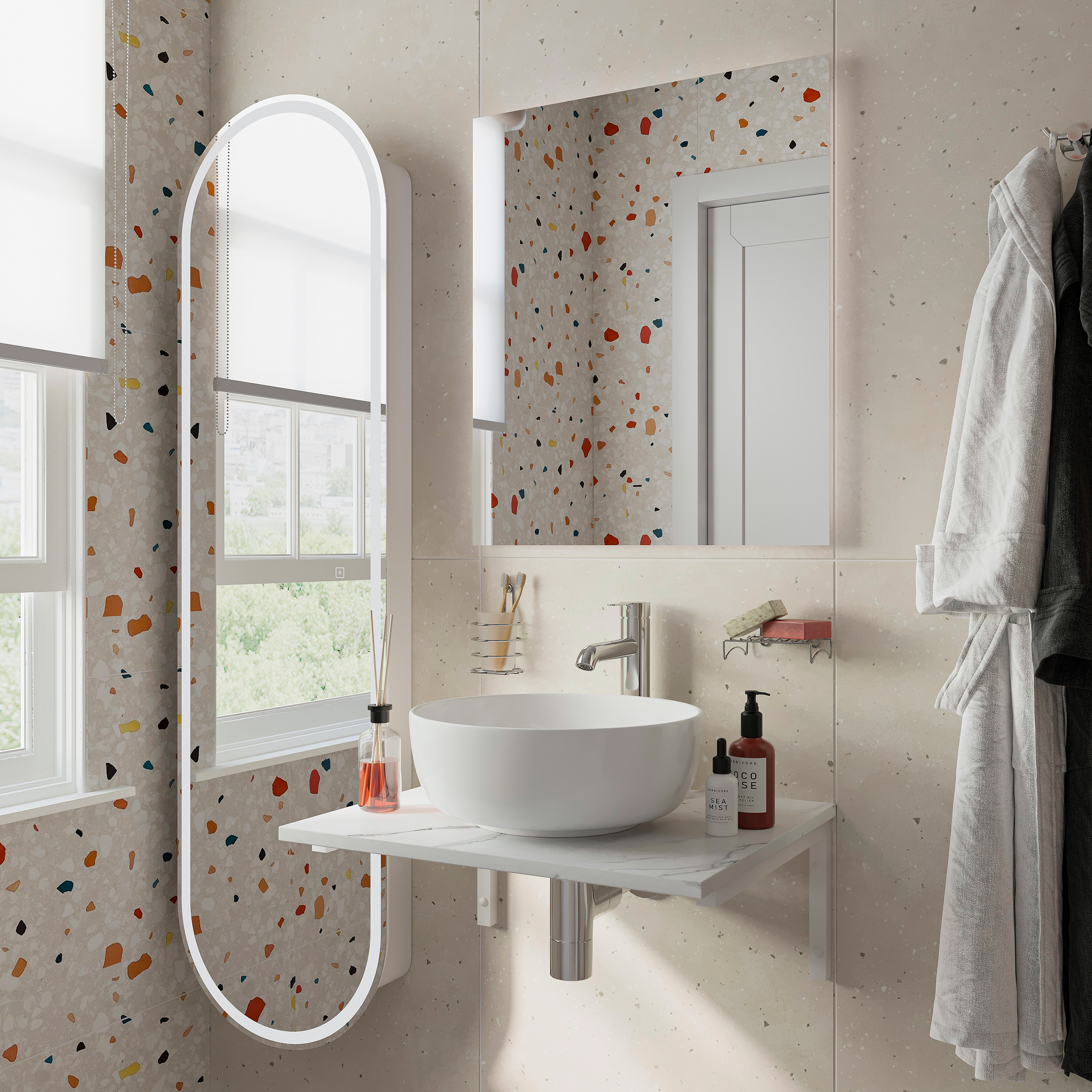 Мебель для ванной комнаты DIWO Элиста 60 белый мрамор, с раковиной Moduo 40 RING, в скандинавском стиле, овальная (гарнитур, мебель) купить в Тамбове