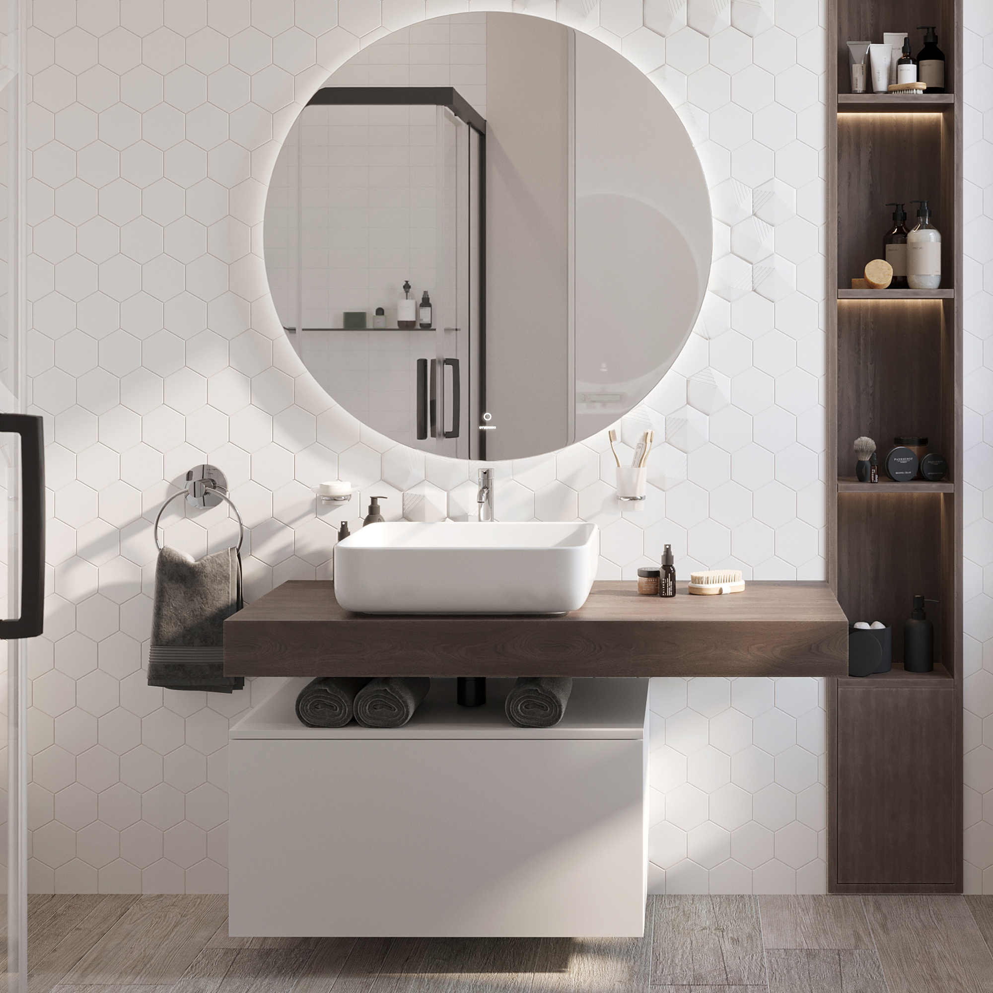 Мебель для ванной комнаты STWORKI Ольборг 120 столешница дуб карпентер, без отверстий, с тумбой 80