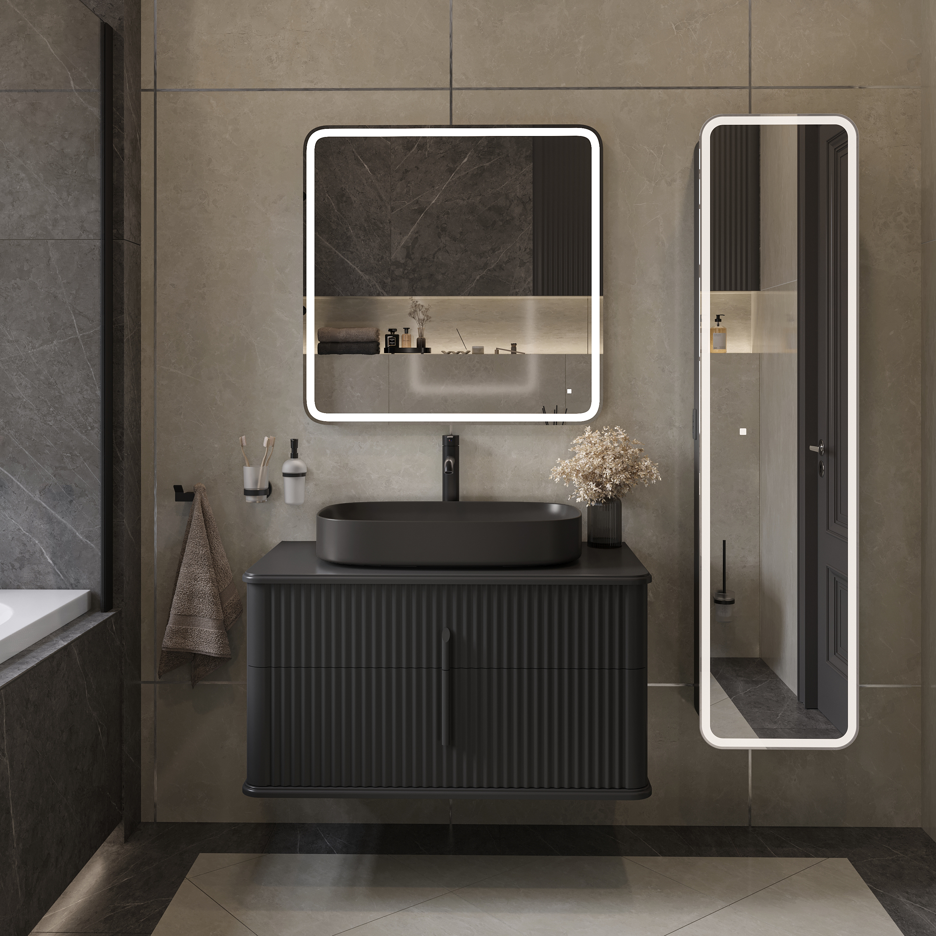 Мебель для ванной комнаты STWORKI Молде 95 антрацит, со столешницей, раковина STWORKI Молде черная матовая