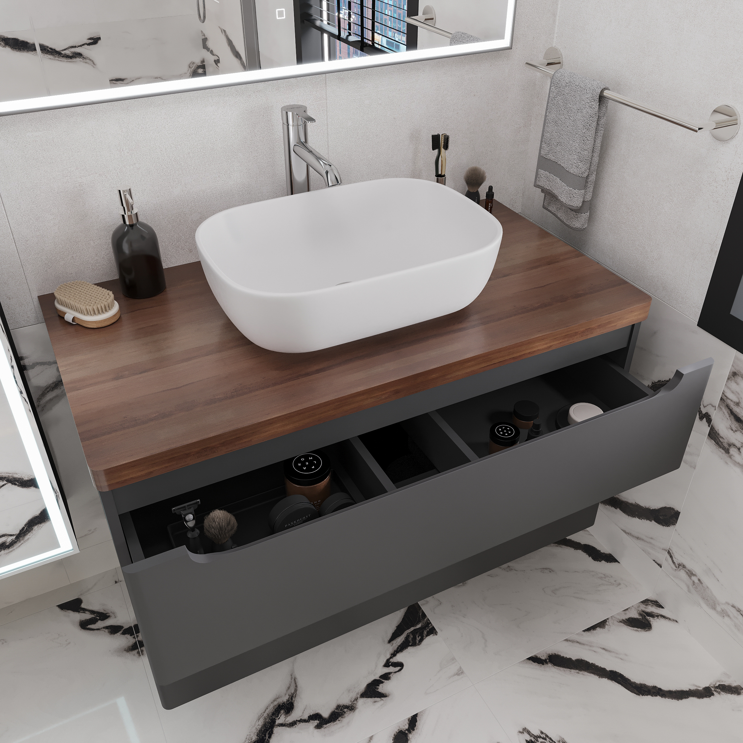 Мебель для ванной комнаты STWORKI Берген 100 серая с темной столешницей, раковина Moduo 50 Square купить в Тамбове
