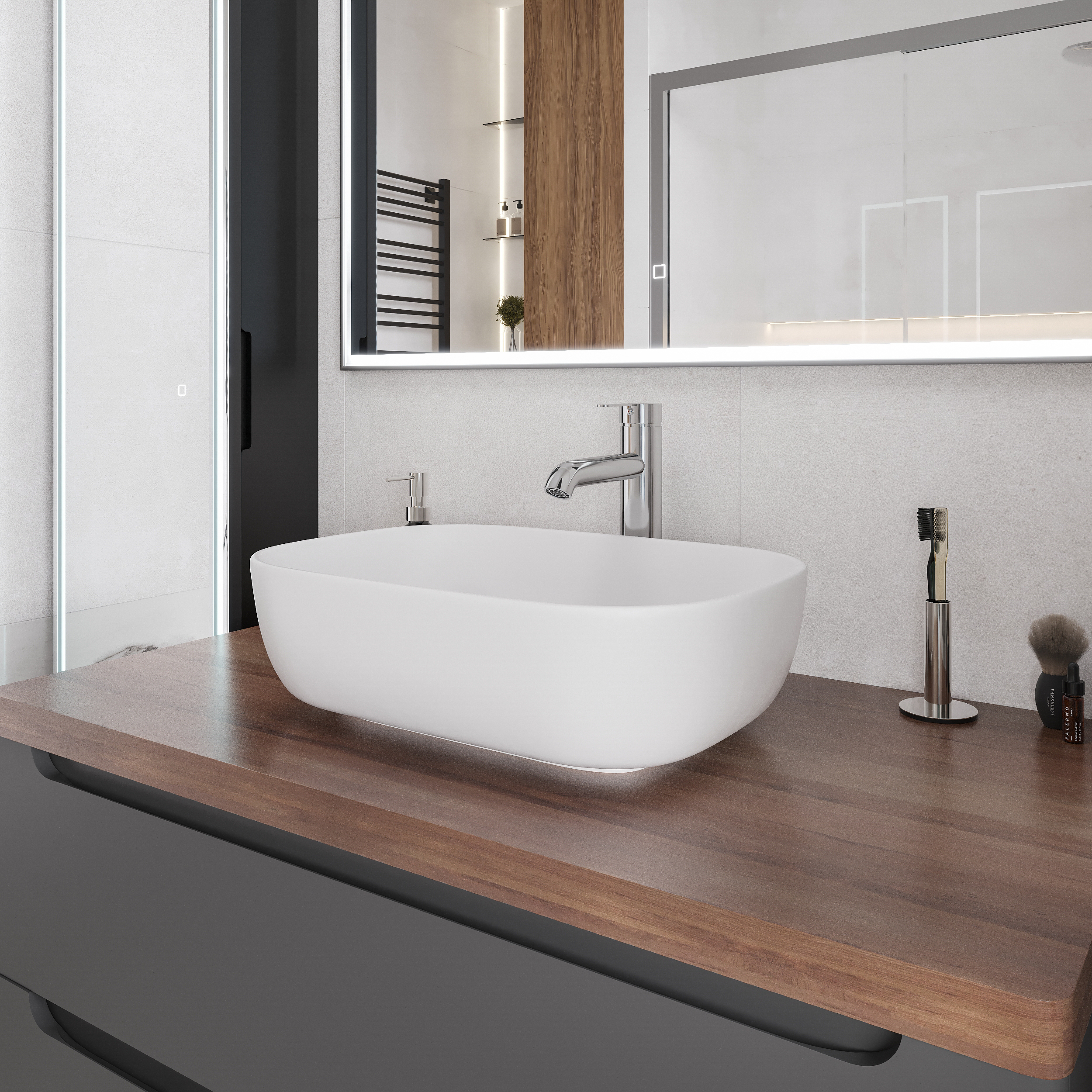 Мебель для ванной комнаты STWORKI Берген 100 серая с темной столешницей, раковина Moduo 50 Square купить в Тамбове