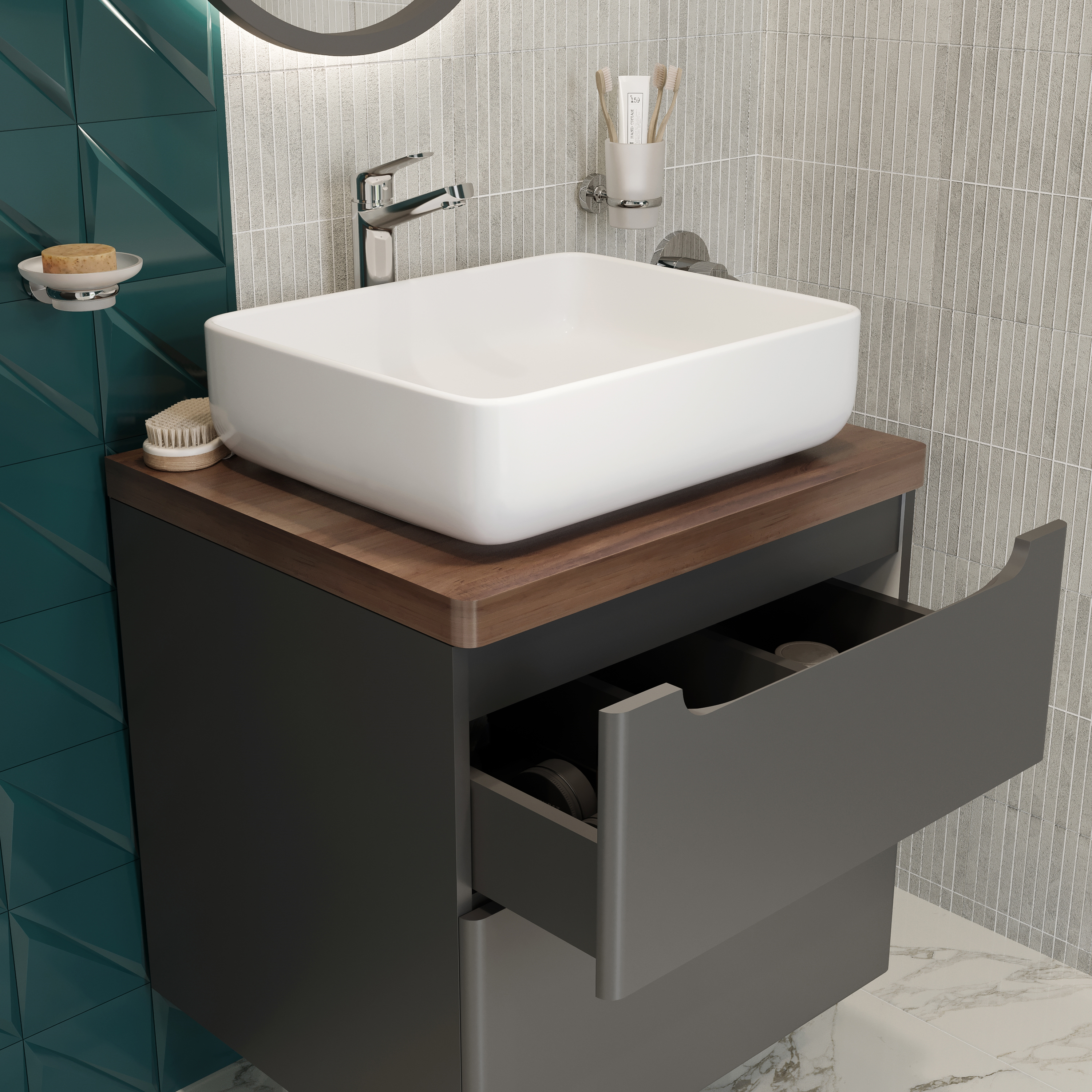 Мебель для ванной комнаты STWORKI Берген 60 серая со светлой столешницей купить в Тамбове