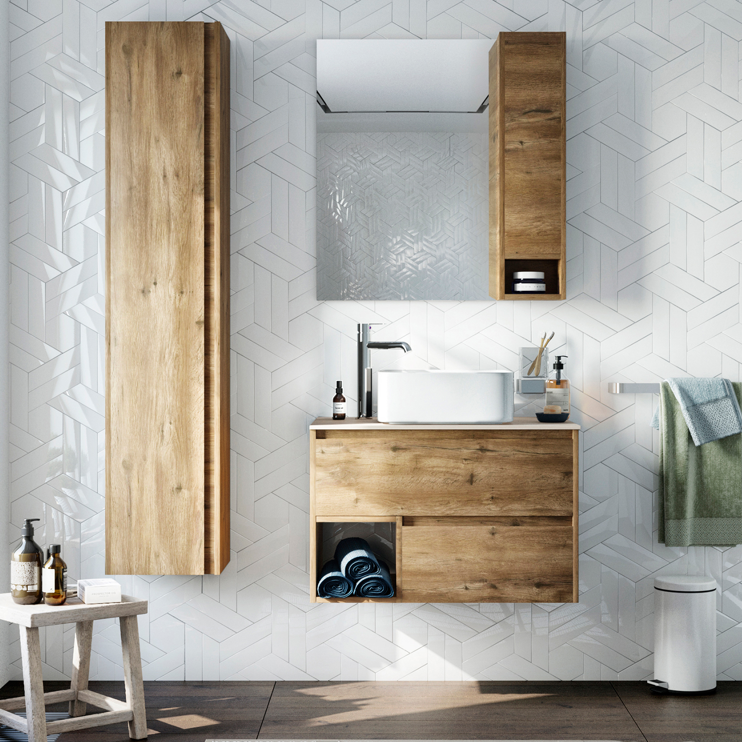 Мебель для ванной комнаты STWORKI Карлстад 75 дуб рустикальный, роверелла, с отверстием для смесителя в столешнице