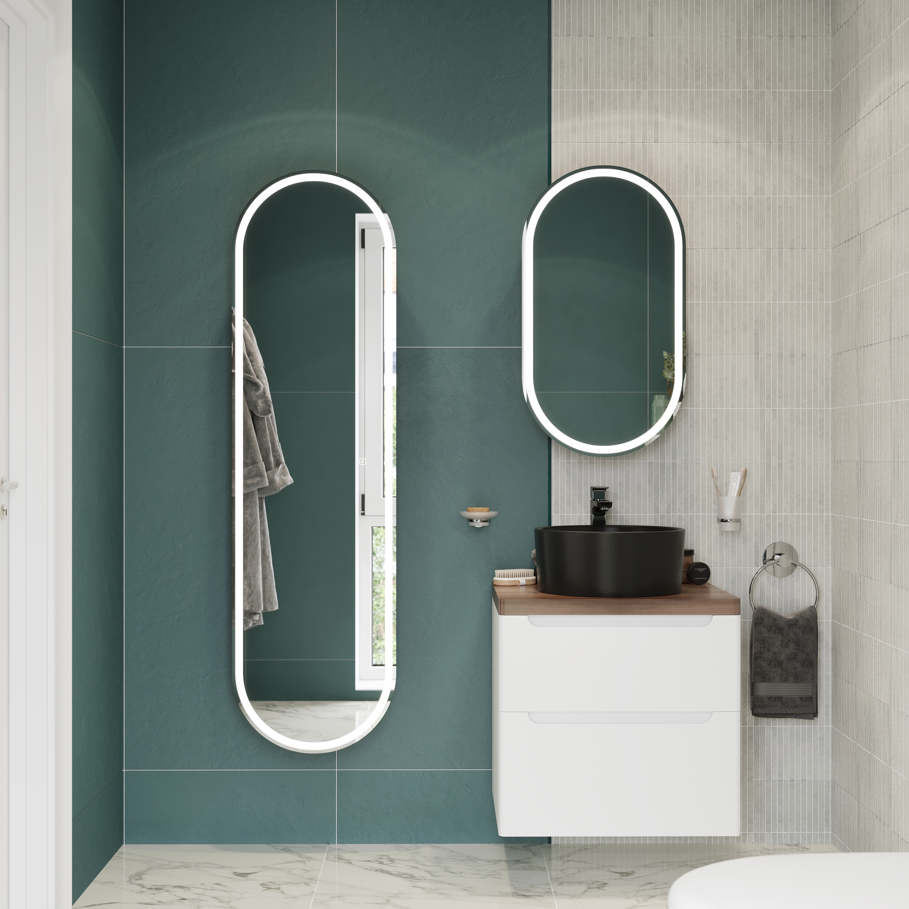 Мебель для ванной комнаты STWORKI Берген 60 белая с темной столешницей, с раковиной на выбор