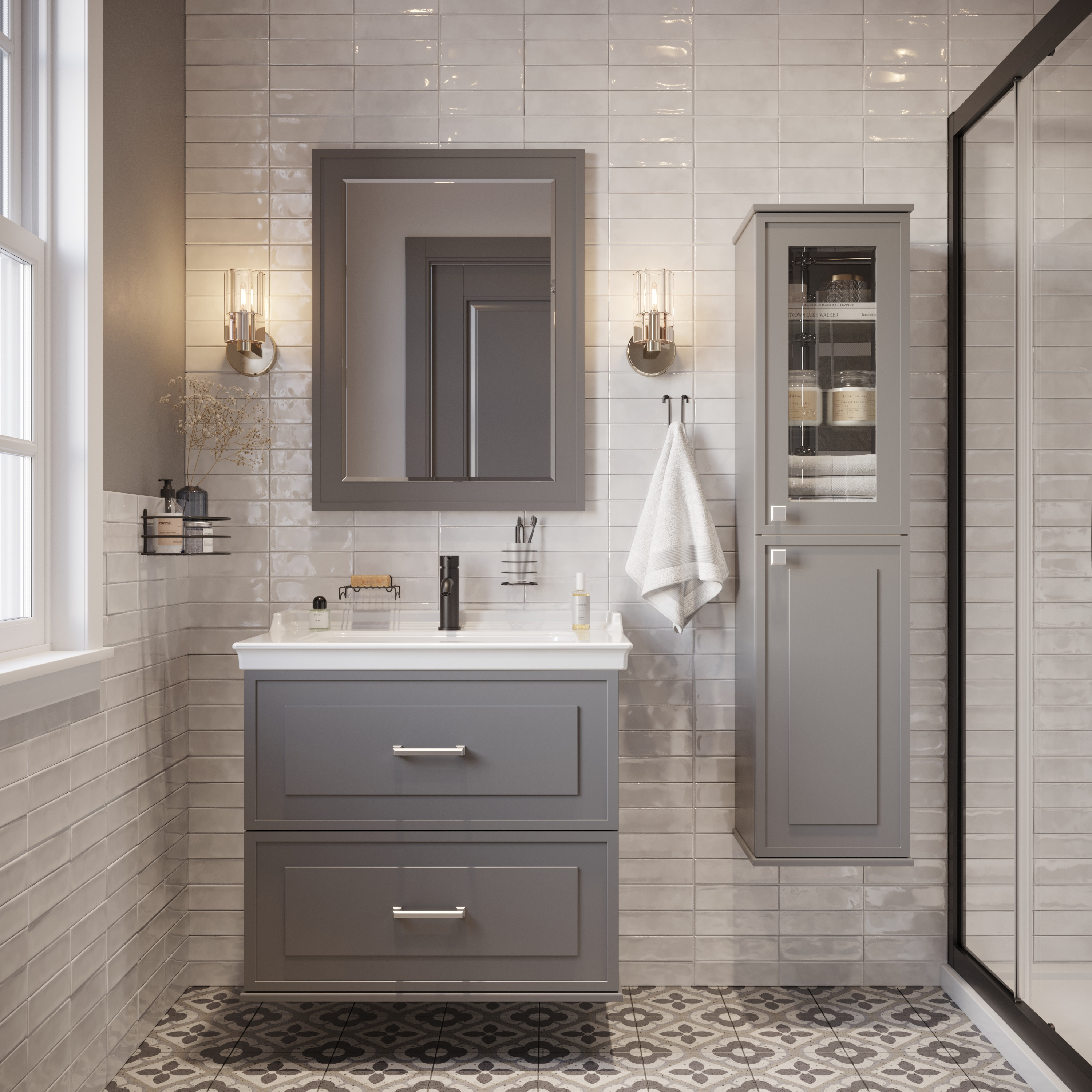 Мебель для ванной комнаты STWORKI Хадстен 80 cерая, в стиле прованс, подвесная, российская (гарнитур, комплект)