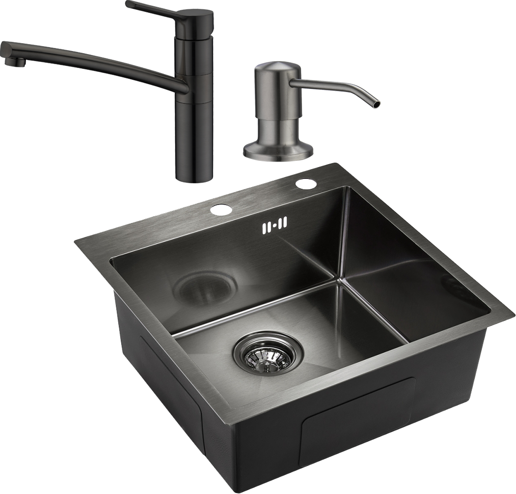 Комплект Мойка Domaci Равенна PVD DMB-117A черная + Смеситель DC 3011 черный + Дозатор 401 черный
