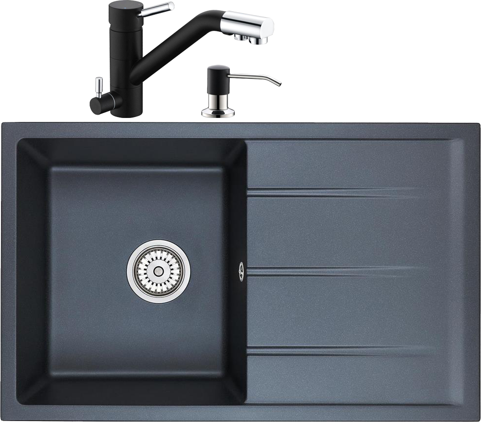 Комплект Мойка кухонная Domaci Солерно EMQ-1800.Q 80х50, черная, кварцевая, с крылом, прямоугольная + Смеситель для кухни Domaci Солерно EC-3008 морион + Дозатор для кухонной мойки Domaci Солерно 401 морион