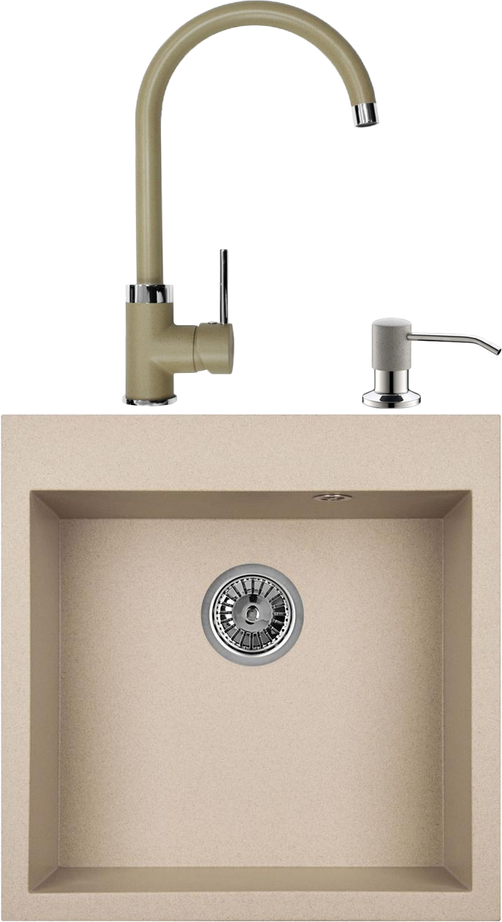 Комплект Мойка кухонная Domaci Солерно EMQ-1510.Q бежевая, 51х52 см, встраиваемая, кварцевая, квадратная + Смеситель для кухни Domaci Солерно EC-3004 сардоникс + Дозатор для кухонной мойки Domaci Солерно 401 сардоникс