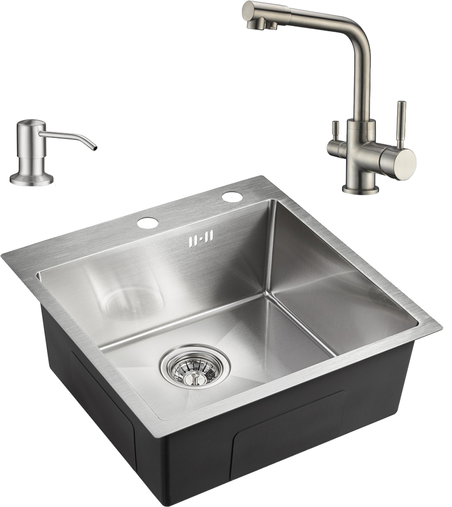 Комплект Мойка Domaci Равенна PVD DMB-117A брашированная сталь + Дозатор 401 сатин + Смеситель DC-3003 сатин