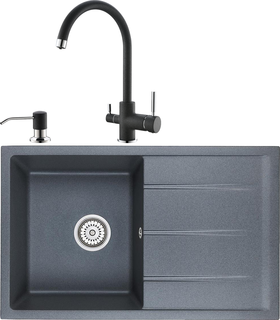Комплект Мойка кухонная Domaci Солерно DMQ-1800.Q антрацит, 80х50 см, черная, кварцевая, с крылом, прямоугольная + Смеситель DC-3007 антрацит + Дозатор 401 антрацит