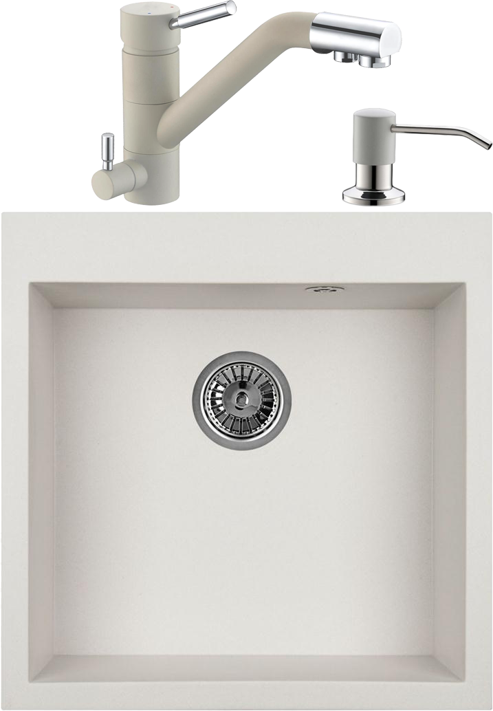 Комплект Мойка кухонная Domaci Солерно DMQ-1510.Q агат, белая, 51х52 см, встраиваемая, кварцевая, квадратная + Смеситель DC-3008 агат + Дозатор 401 агат