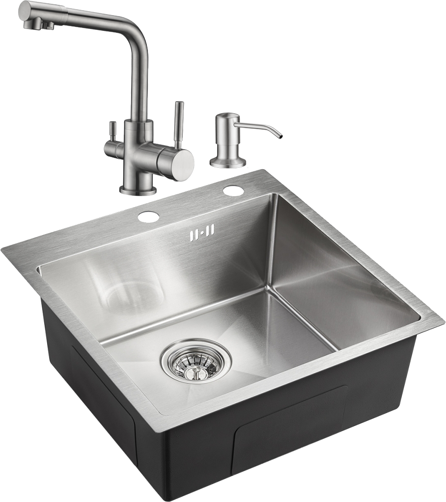 Комплект Мойка Domaci Равенна PVD DMB-117A брашированная сталь + Смеситель DC-3003 сатин + Дозатор 401 сатин