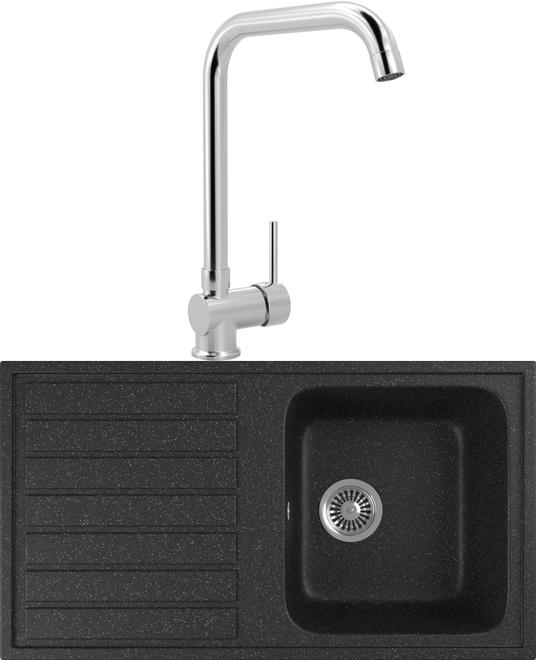 Комплект Мойка кухонная Domaci Бьелла DMC-20 черная + Смеситель для кухни MEGA Didim MG-CM107 хром