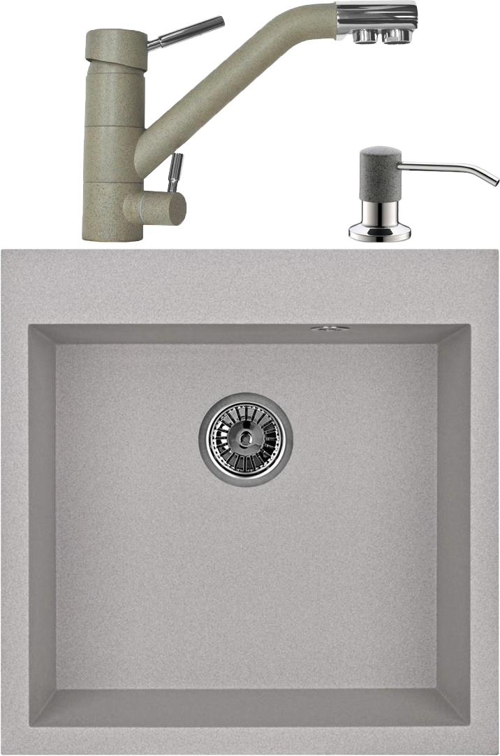 Комплект Мойка кухонная Domaci Солерно EMQ-1510.Q серая, 51х52 см, встраиваемая, кварцевая, квадратная + Смеситель для кухни Domaci Солерно EC-3008 барит + Дозатор для кухонной мойки Domaci Солерно 401 барит
